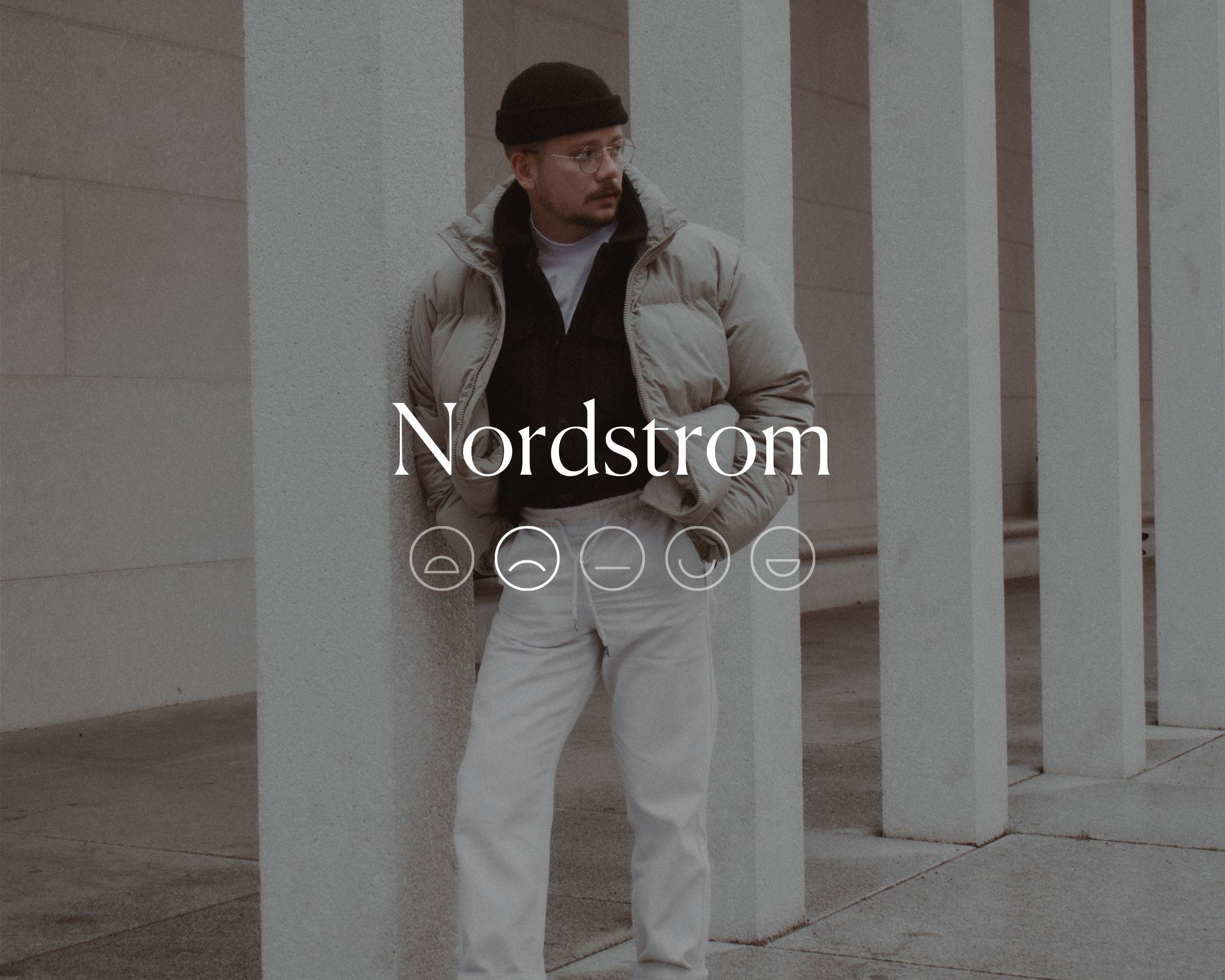 A man wearing a white puffer jacket behind the word Nordstrom and a highlighted sad face brand rating graphic.