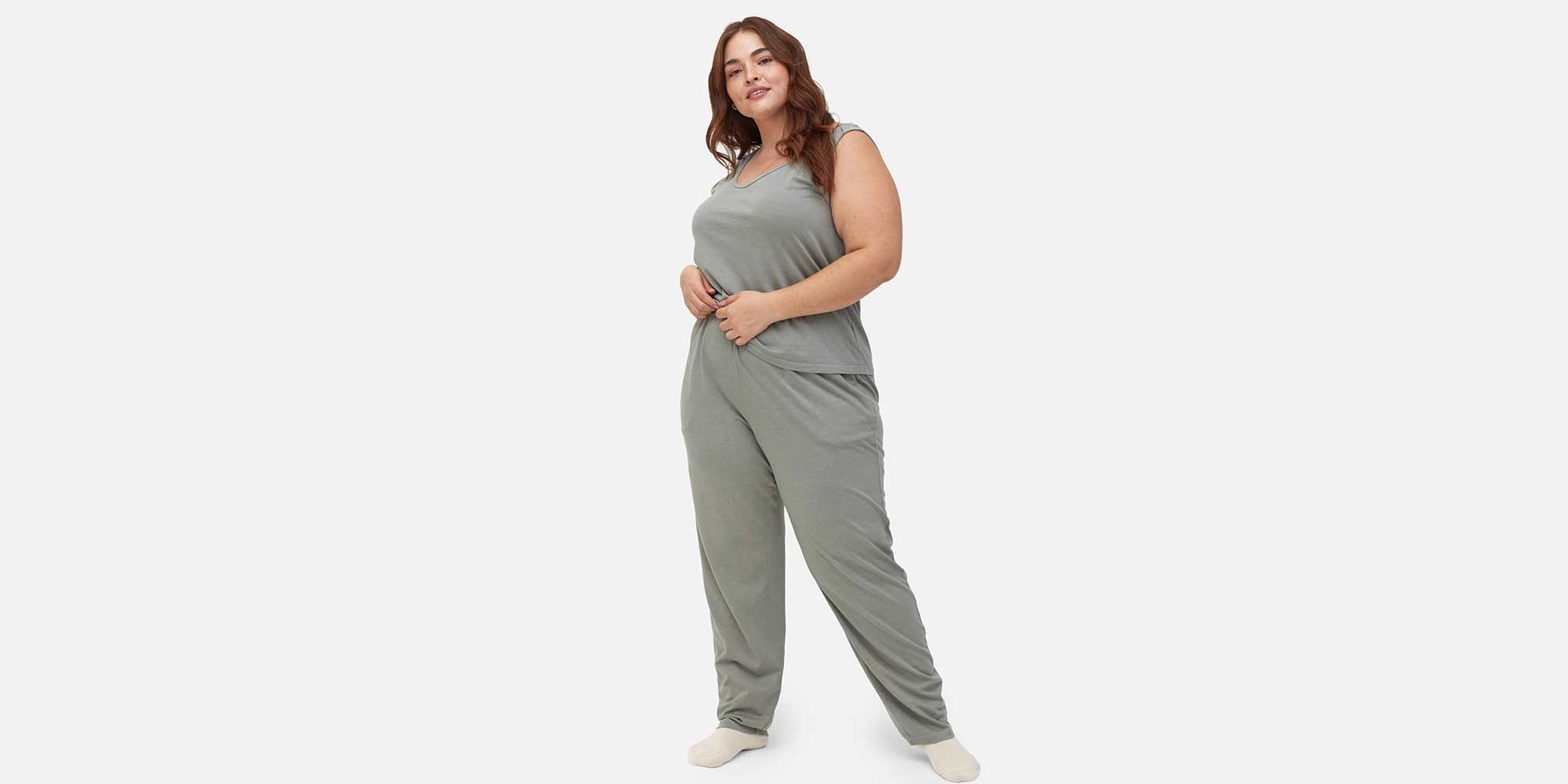 plus size model woman wearing light green tencel sleepwear set by MATE the Label