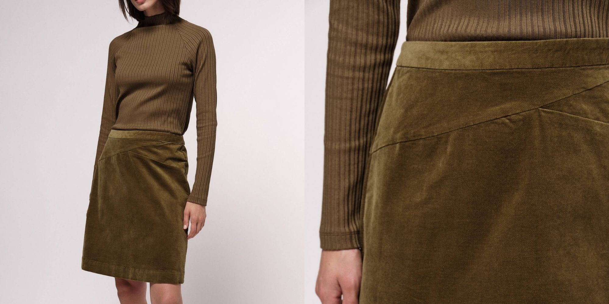 Close up of someone wearing a moss green organic cotton velvet skirt by LANIUS.