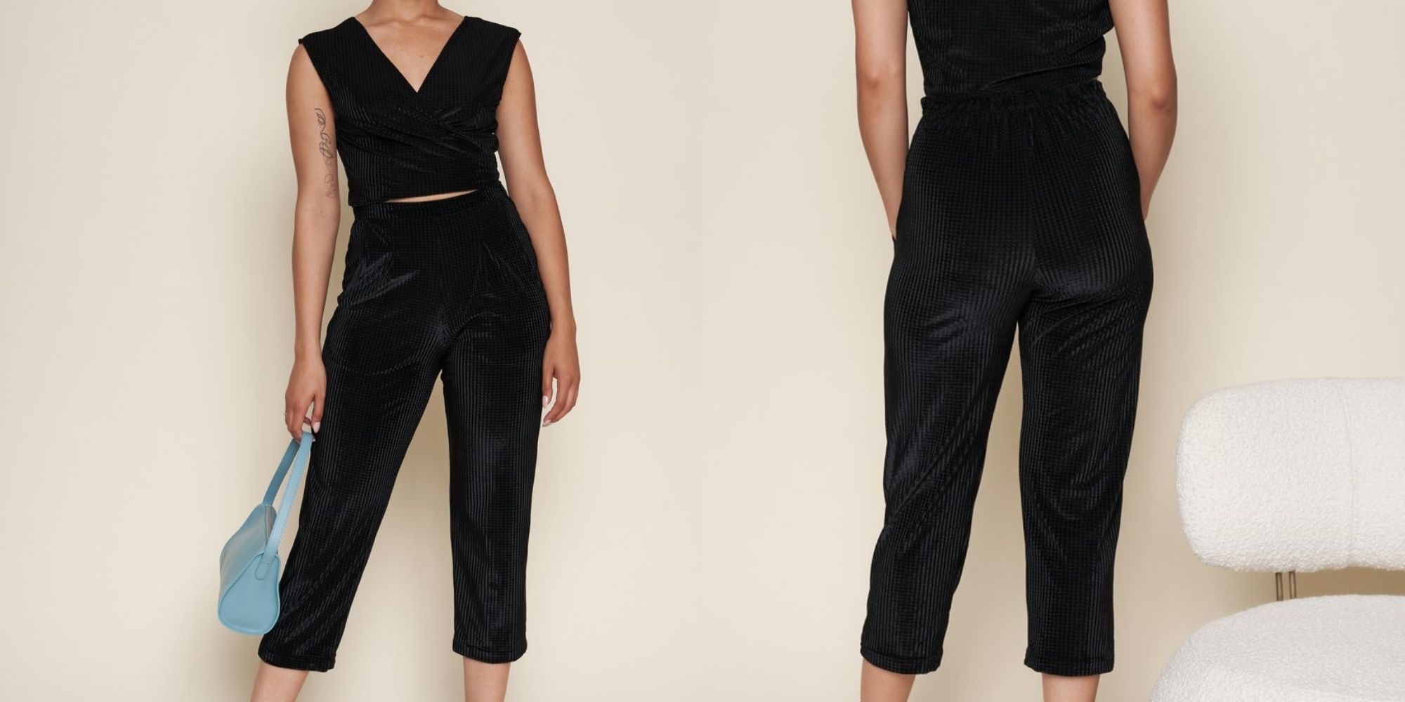 Cropped shot of someone wearing black deadstock velvet top and pants by Whimsy + Row.