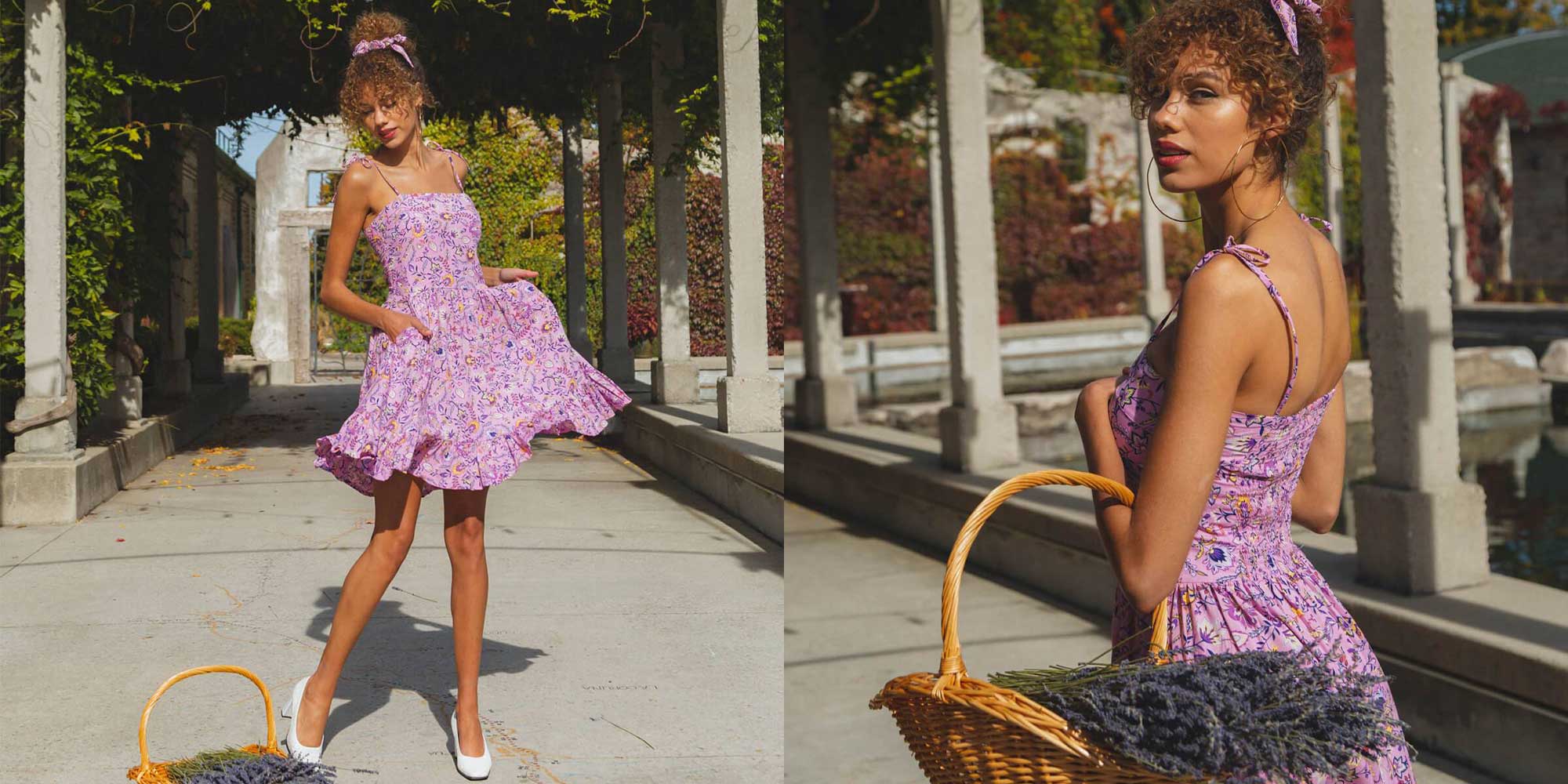 woman wearing lilac ethical dress by TAMGA