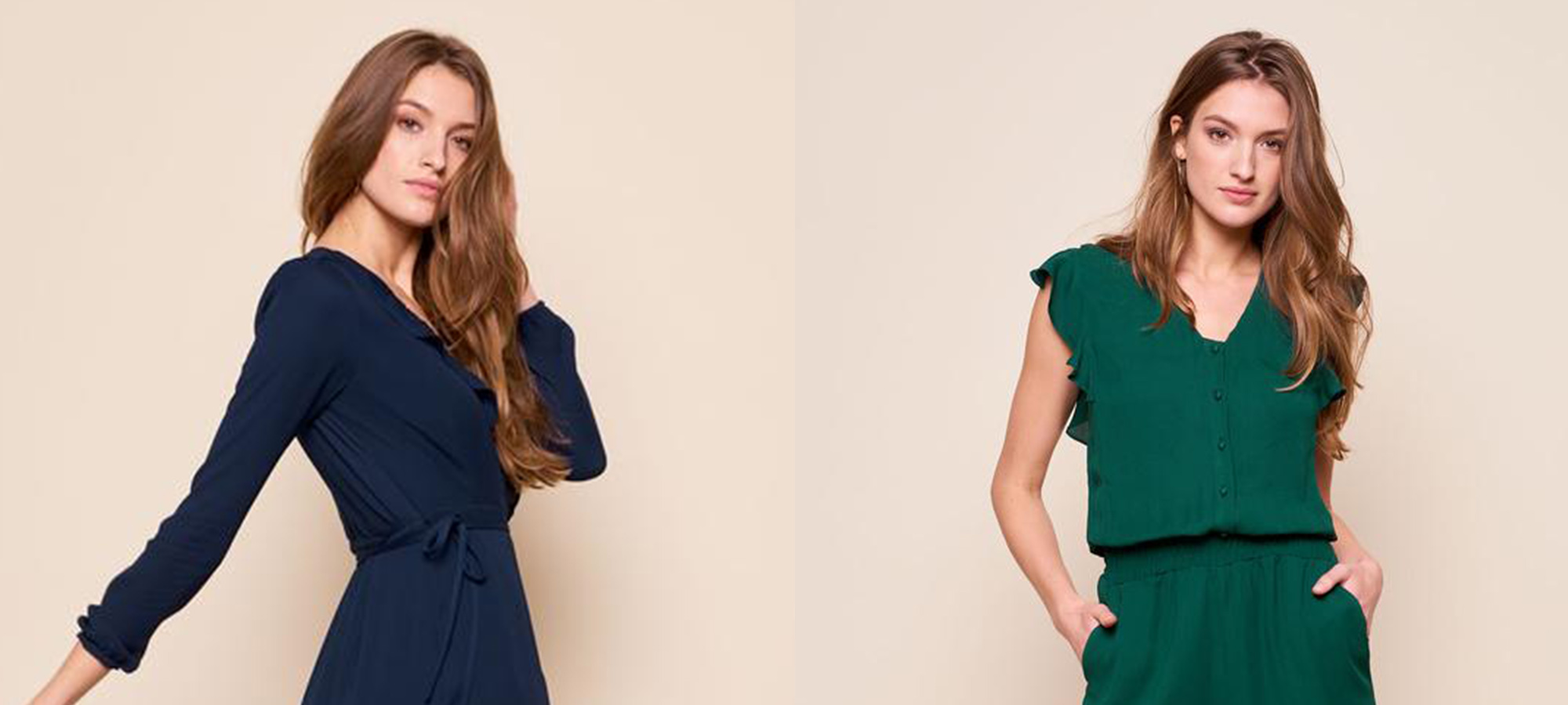 A woman wears a navy dress next to a woman wearinga green jumpsuit.