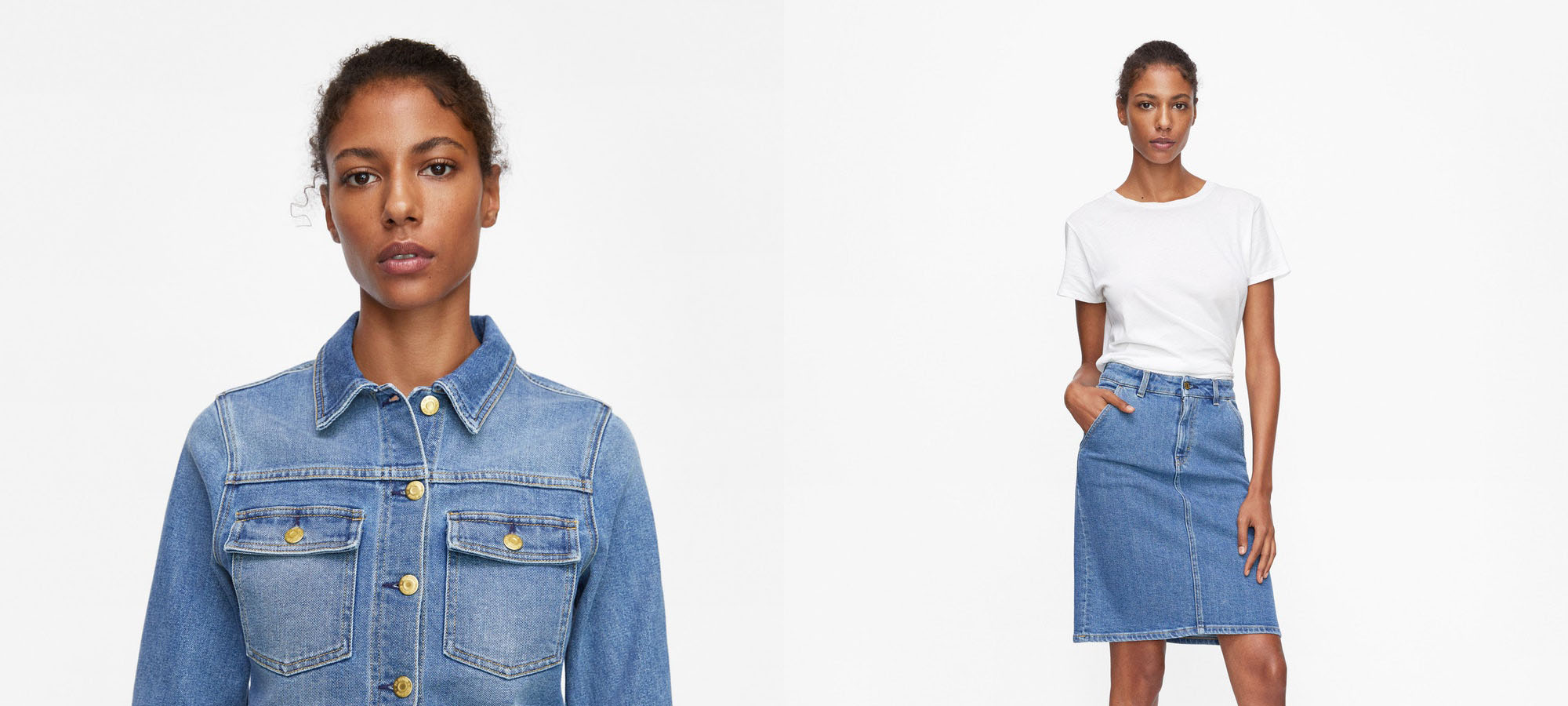 Two images of a woman modelling blue denim.