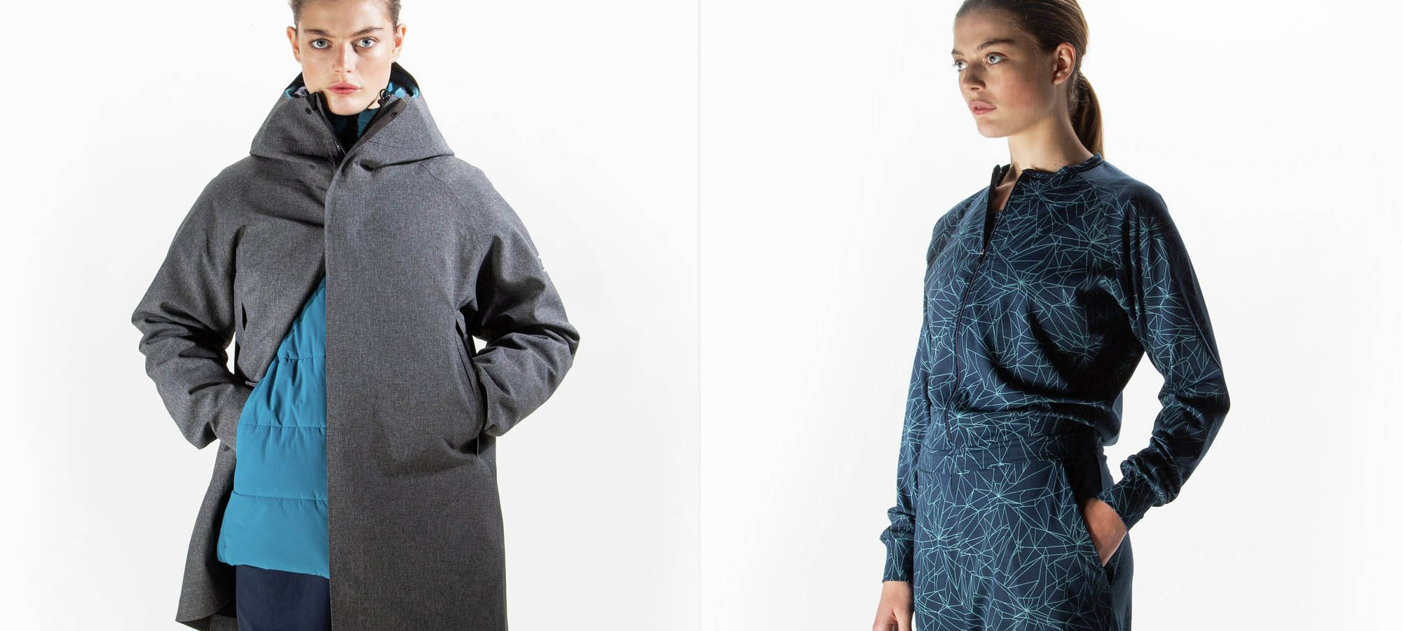 A woman wears a grey winter coat on one side and a green patterned dress on the other.