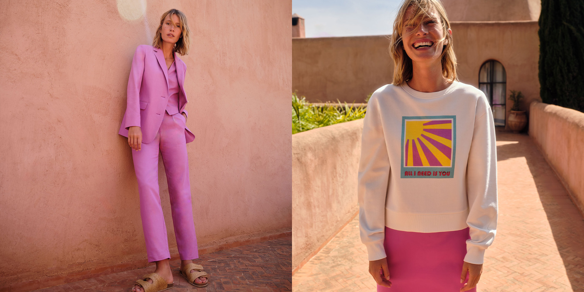 Someone wearing a pink tailored suit jacket and trousers, and someone wearing a colourful sweatshirt and bottoms by LANIUS.