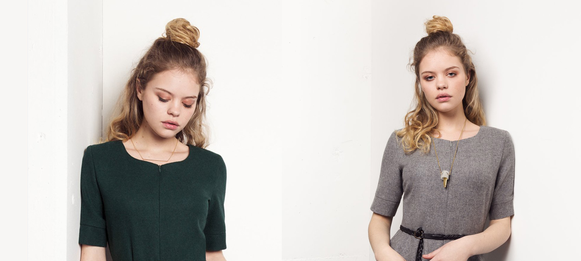 A blonde woman wearing a green dress and a grey dress.