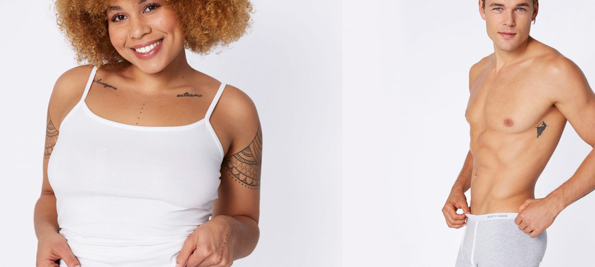 A woman in a white vest and a man in white boxers