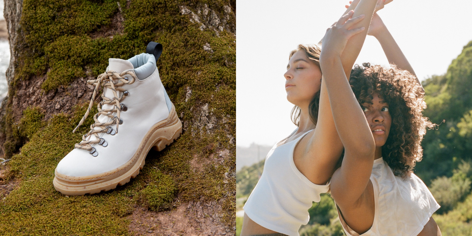 Vegan boot and people dressed in tops by Thesus.