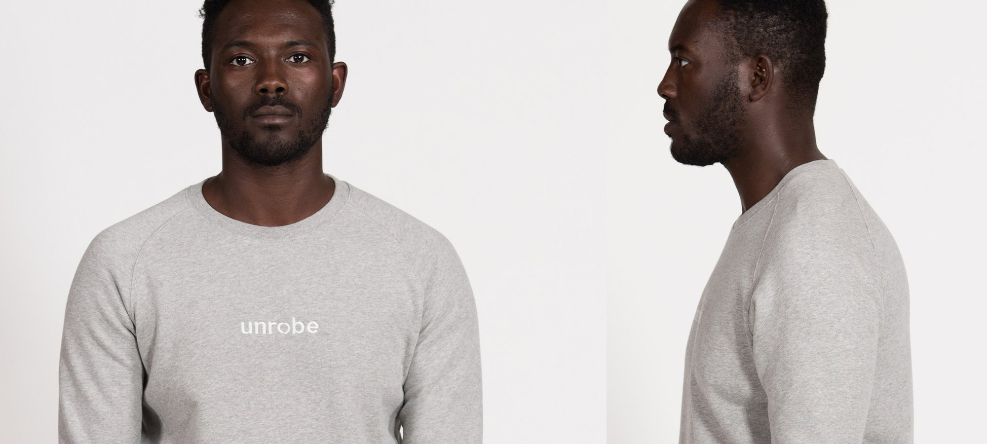 Two images of a man in a grey sweater