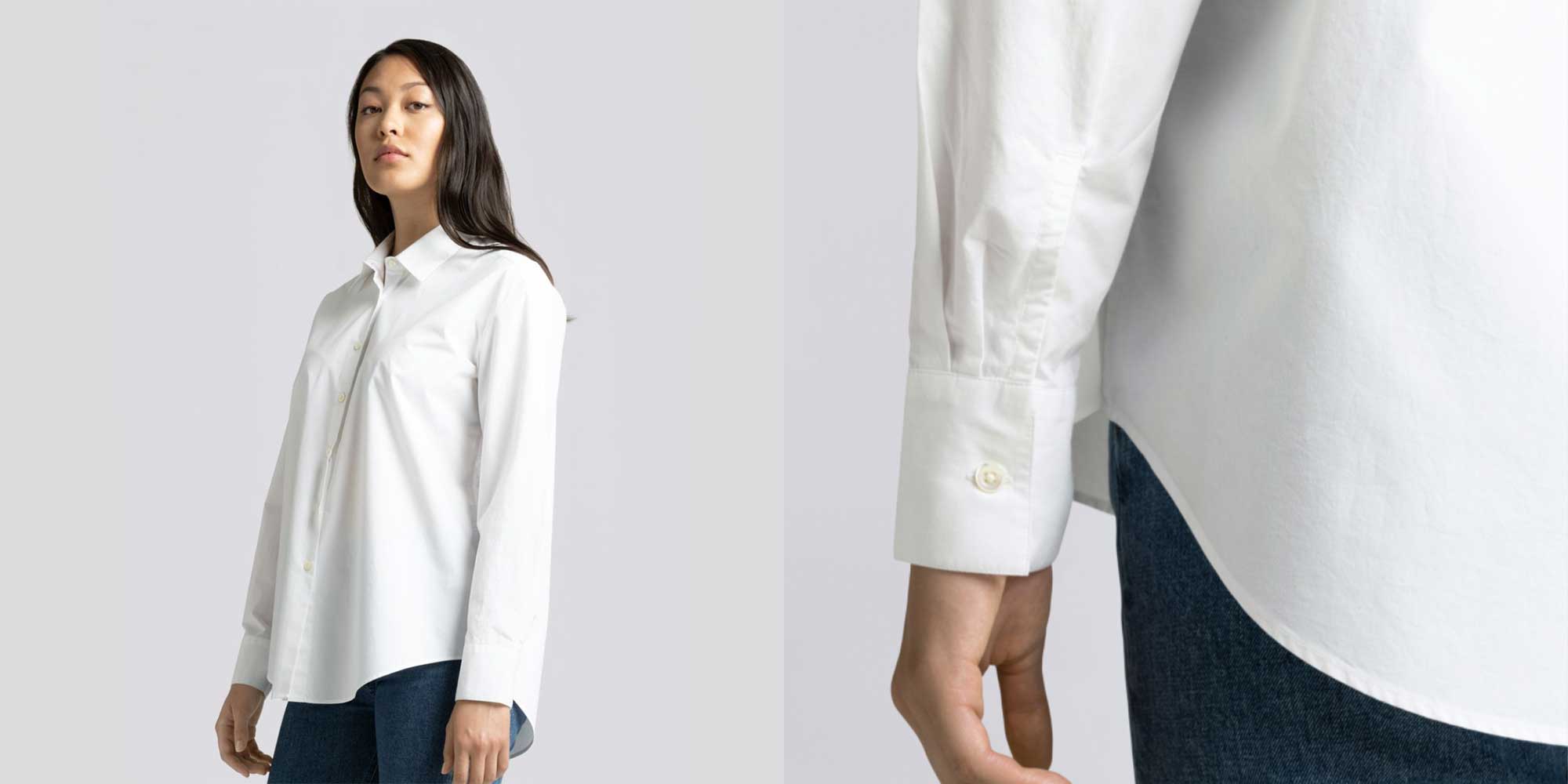 woman wearing white dress shirt as sustainable workwear by ASKET