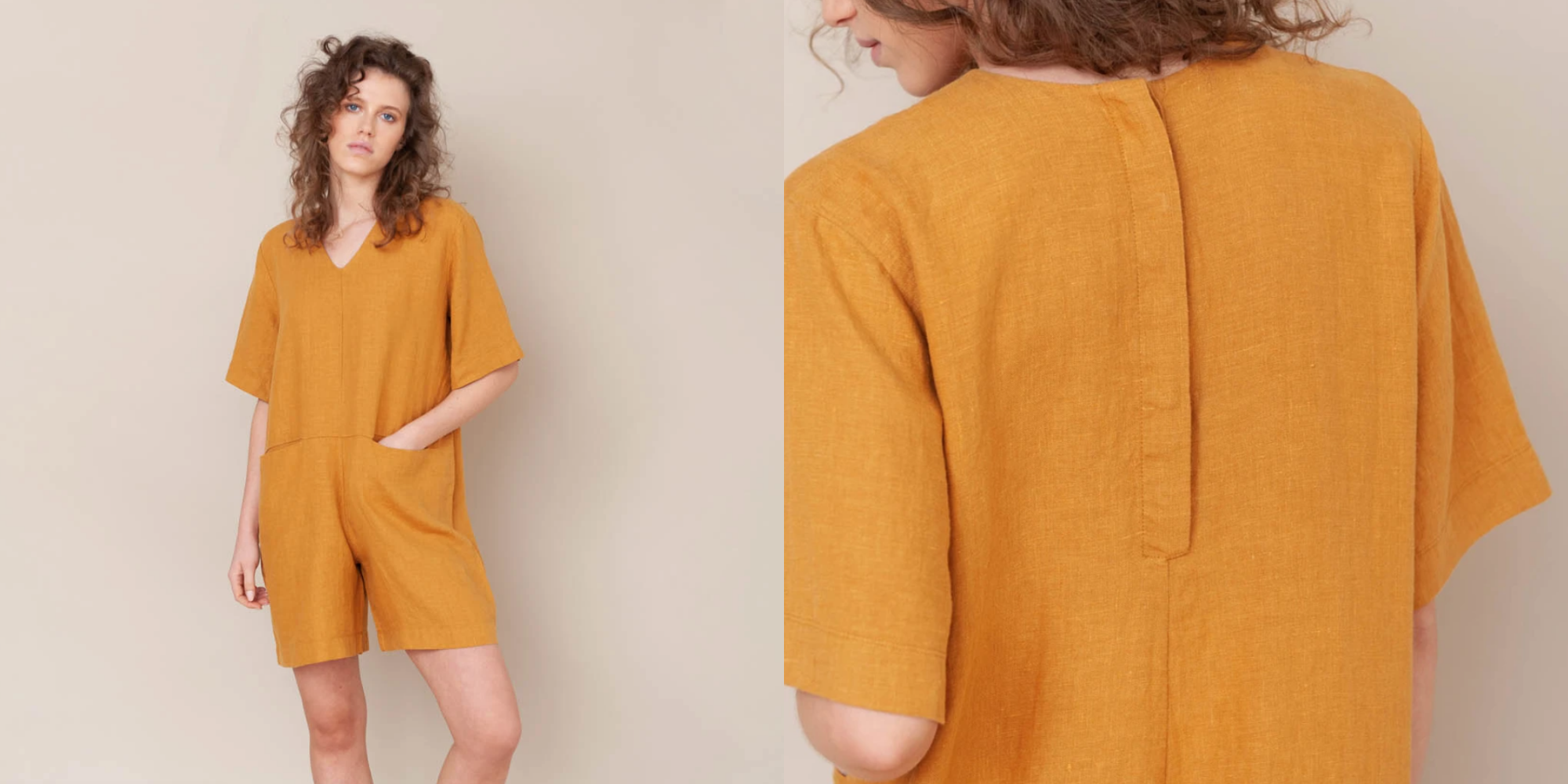 sustainable linen orange jumpsuit by ethical brand Beaumont Organic