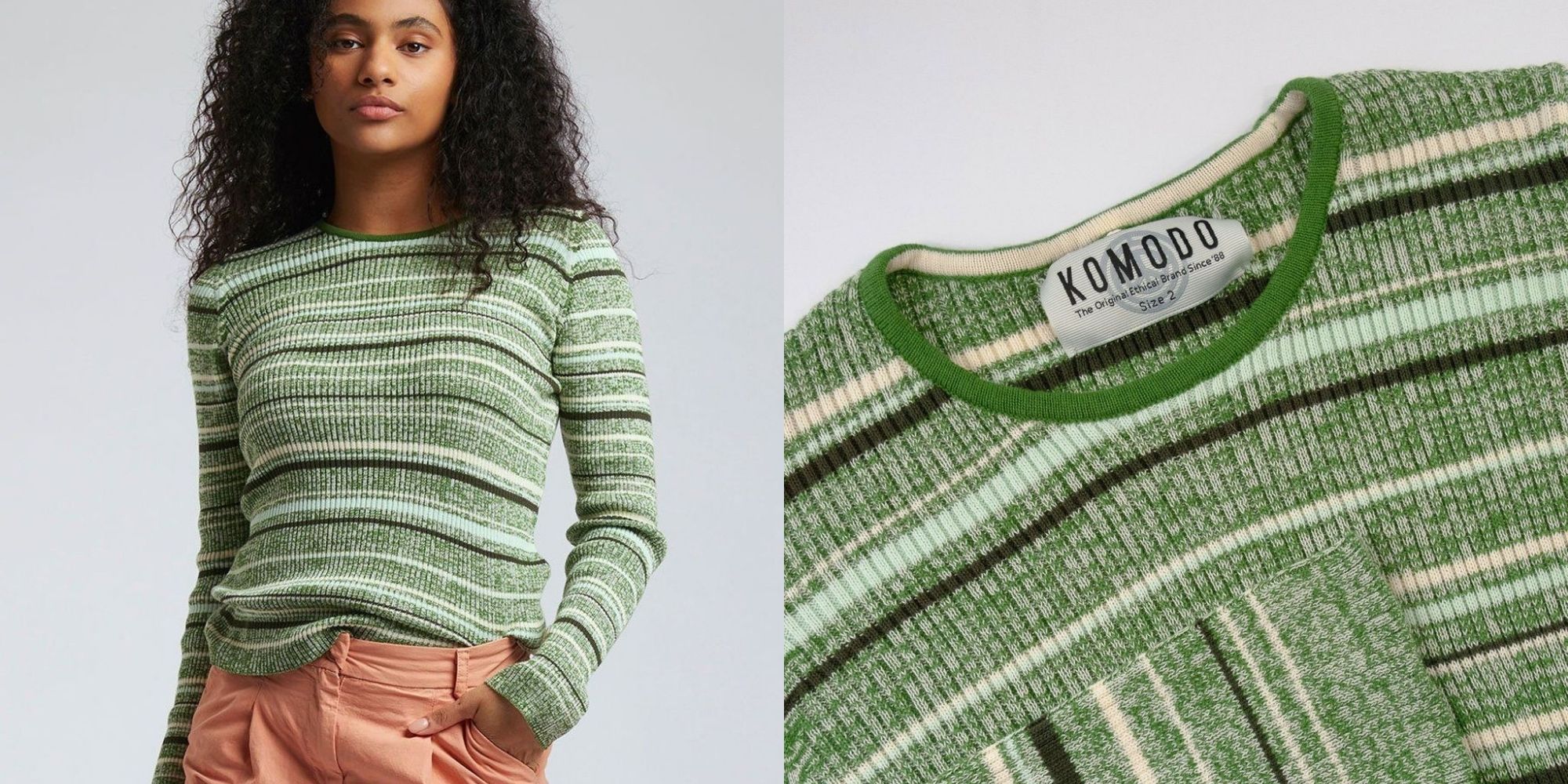 woman of colour wearing green striped organic cotton jumper by Komodo via Staiy