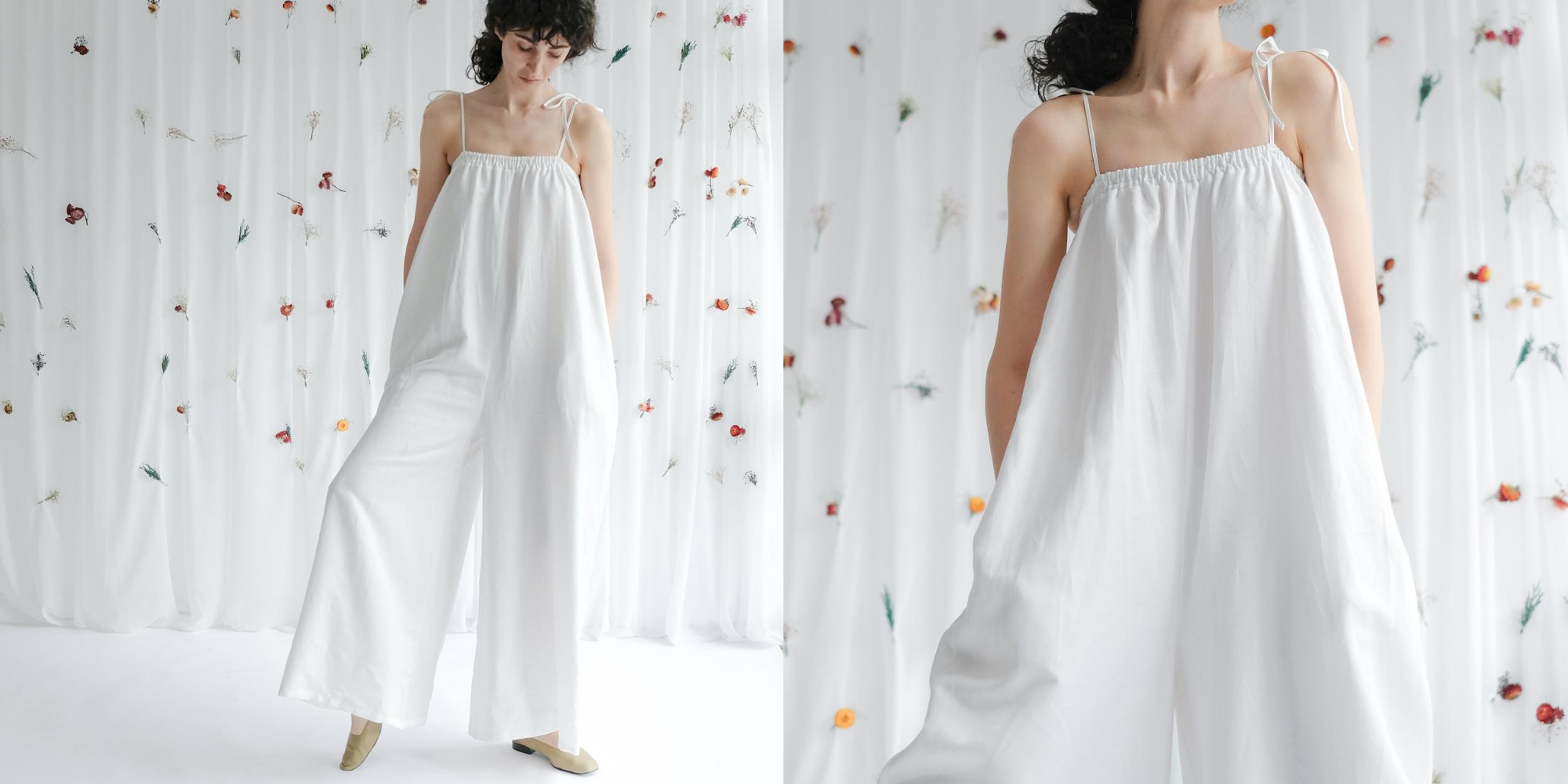 woman wearing white flowy cloud jumpsuit made of offcut tencel from OhSevenDays