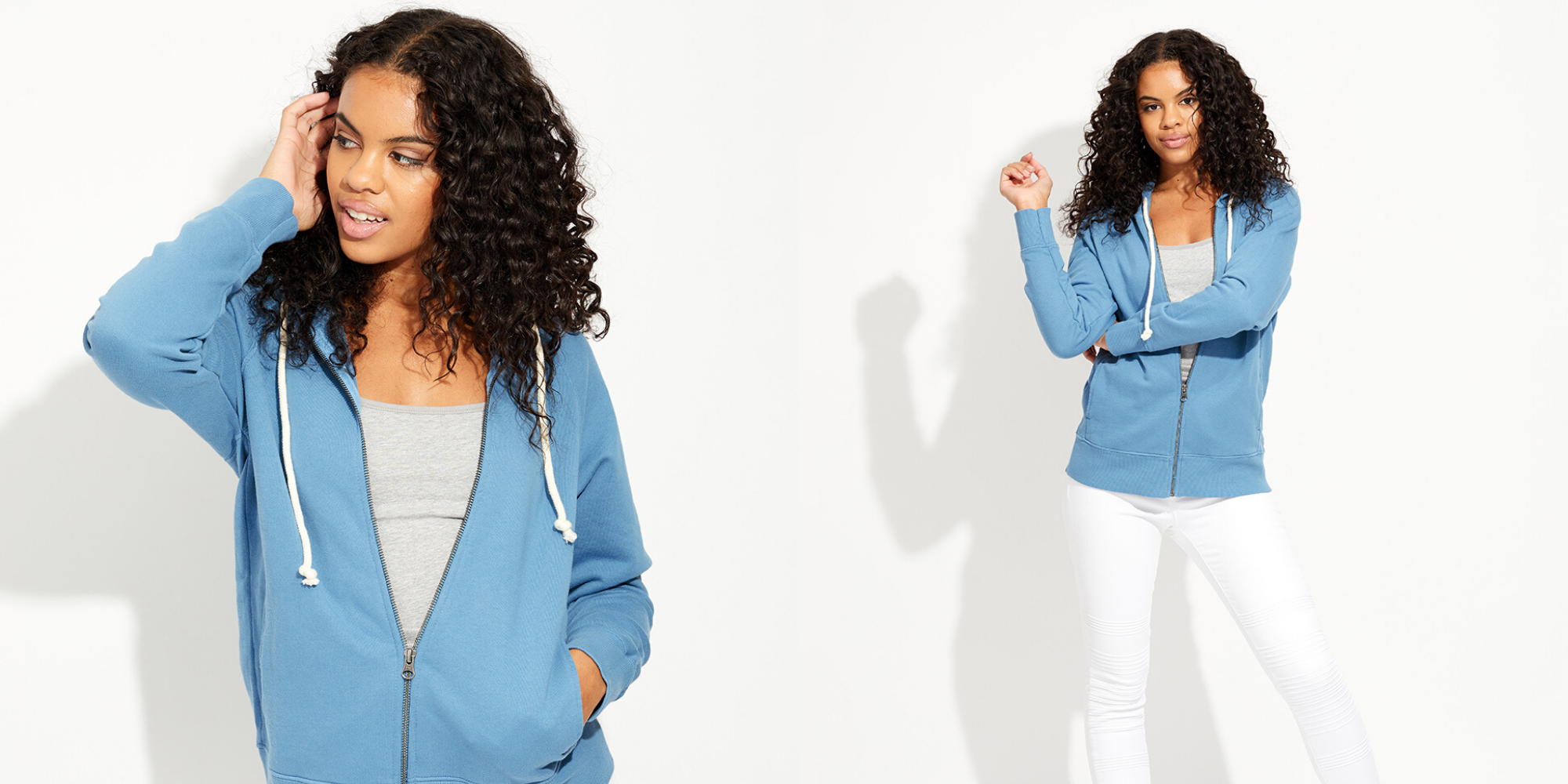 woman of colour wearing organic cotton hoodie by brand PACT