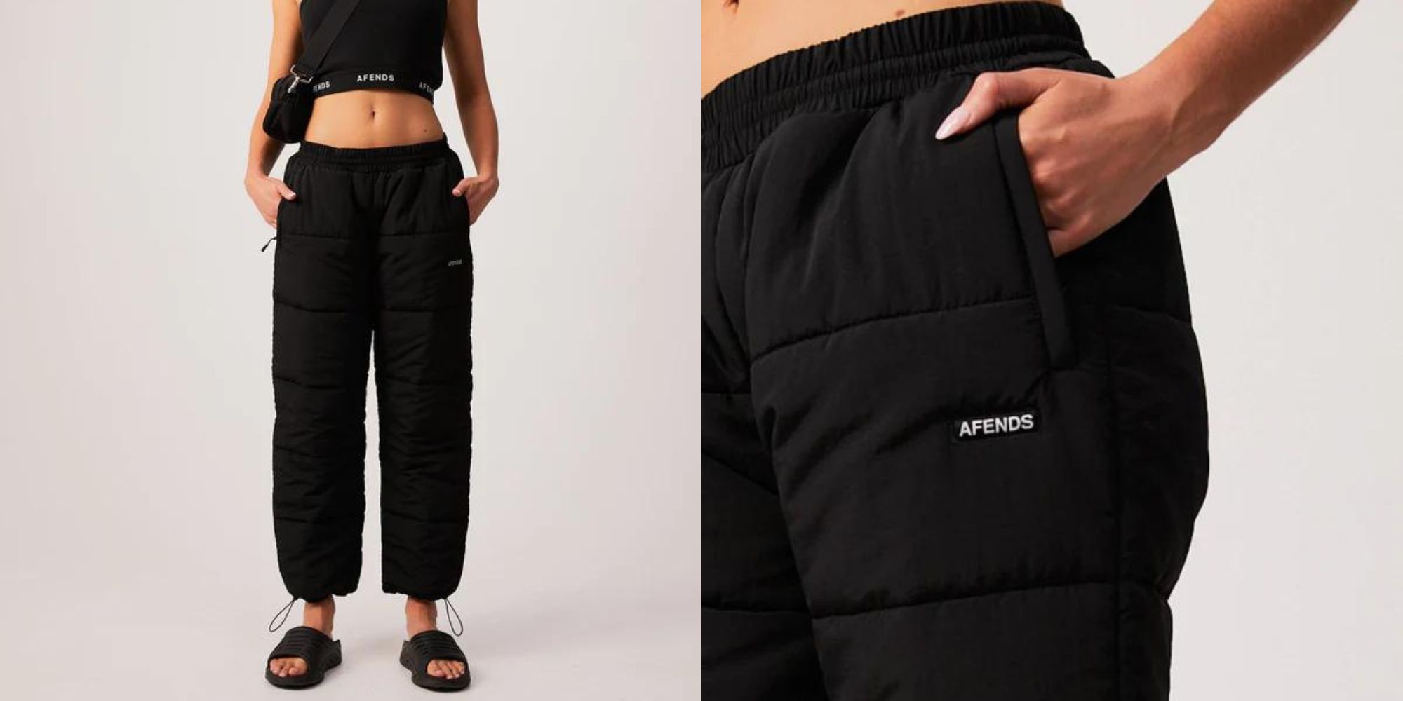 Black recycled nylon puffer pants by Afends.