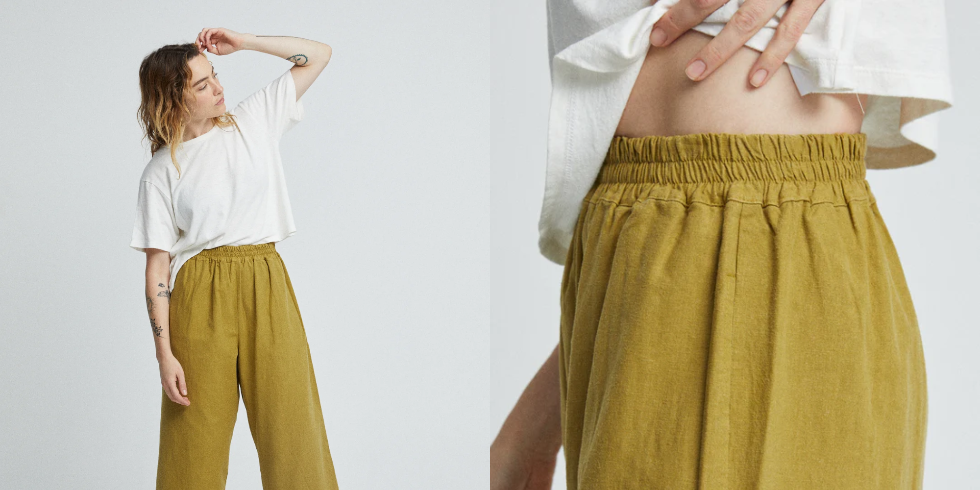 Someone in wide leg pants by Vege Threads.