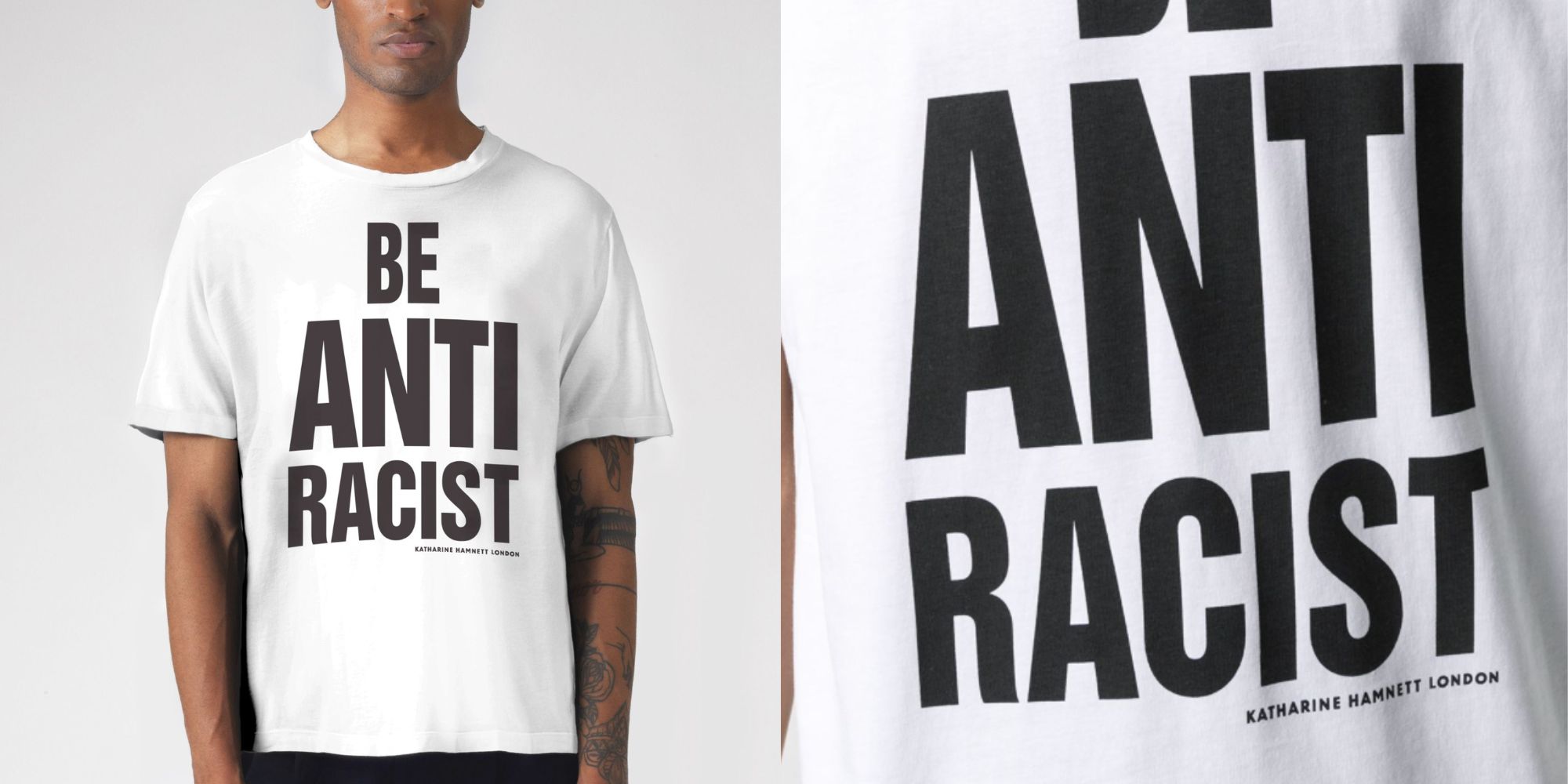 A white organic cotton t-shirt with bold black writing saying