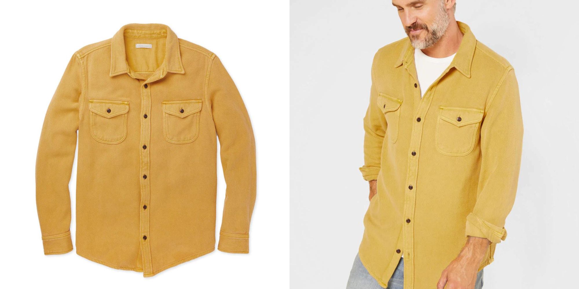 A marigold yellow blanket shirt ethically made by Outerknown.