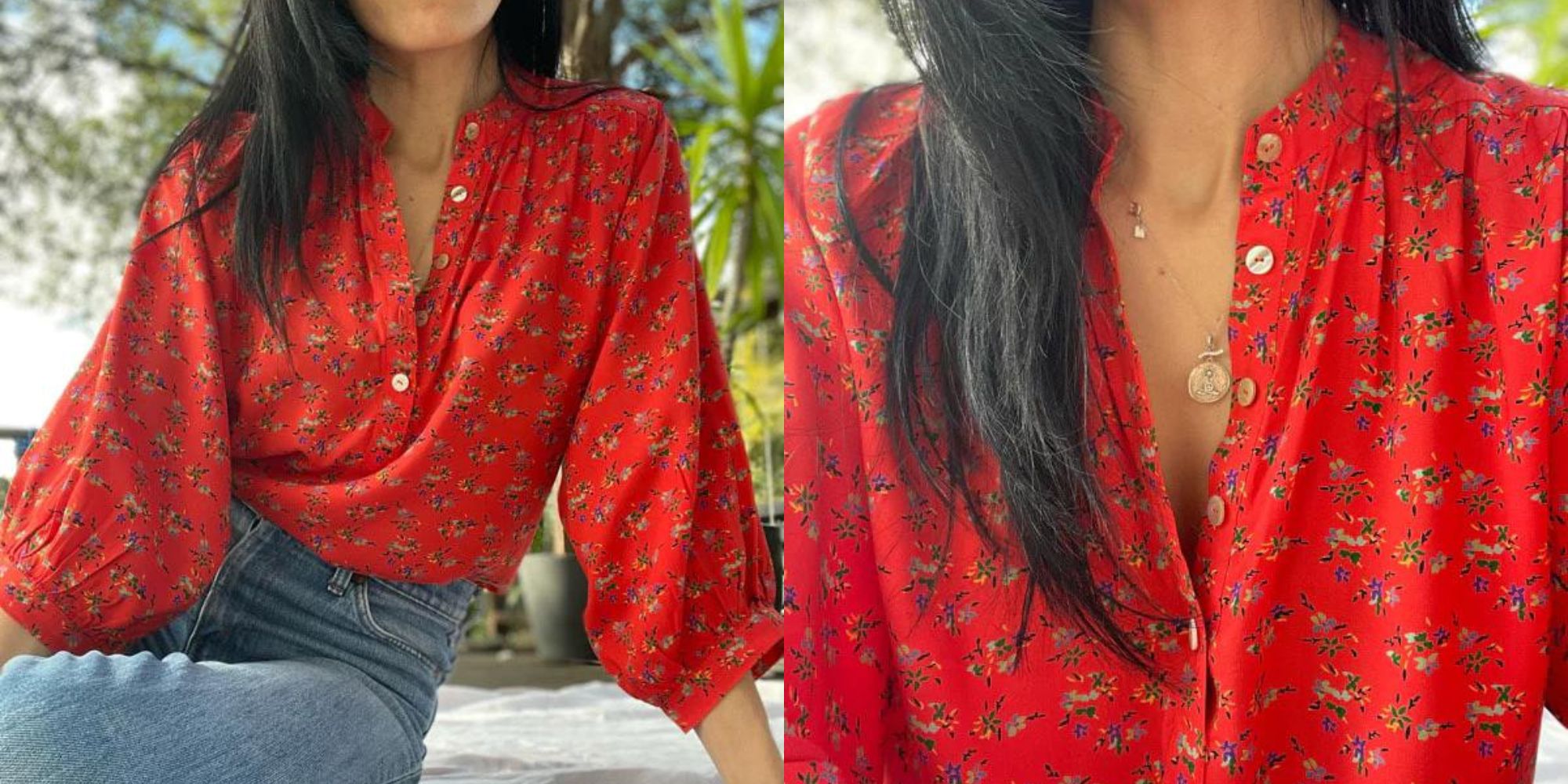 A whimsical red floral print long sleeve top responsibly-made by All The Wild Roses.