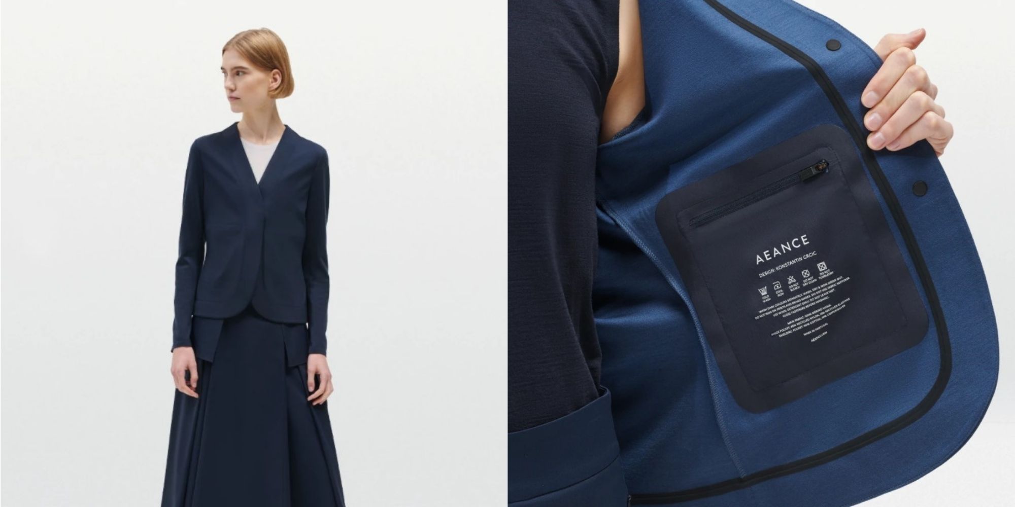 Someone with cropped blond hair wearing a navy blue Merino wool technical blazer designed by AEANCE.