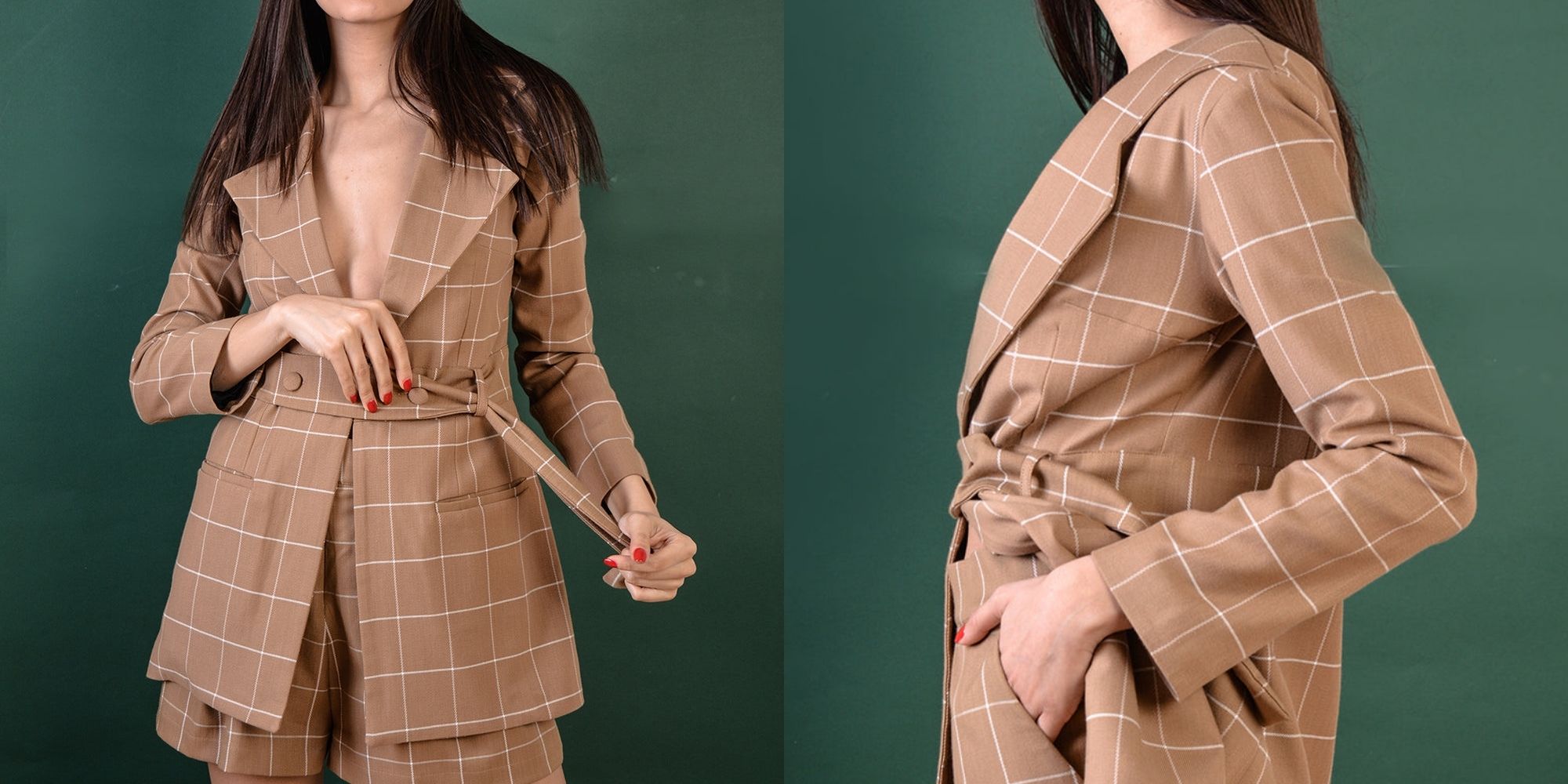 A caramel and white deadstock cashmere blazer made-to-order by Bastet Noir.
