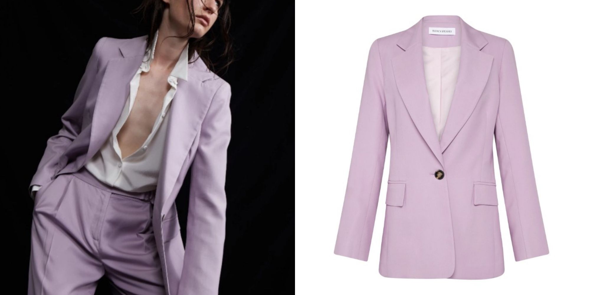 Someone wearing an androgynous lilac blazer ethically made by Bianca Spender.