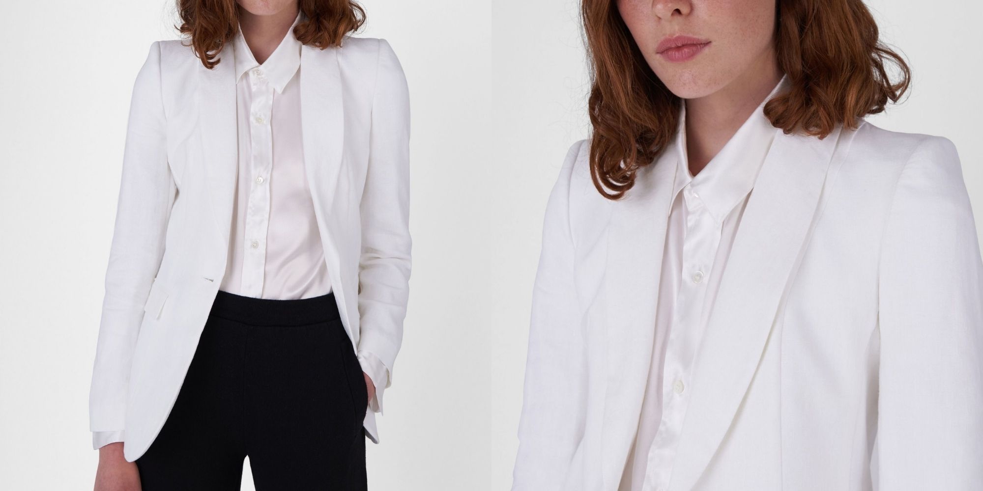 A redhead wearing a white organic cotton sustainable blazer made by Katharine Hamnett.