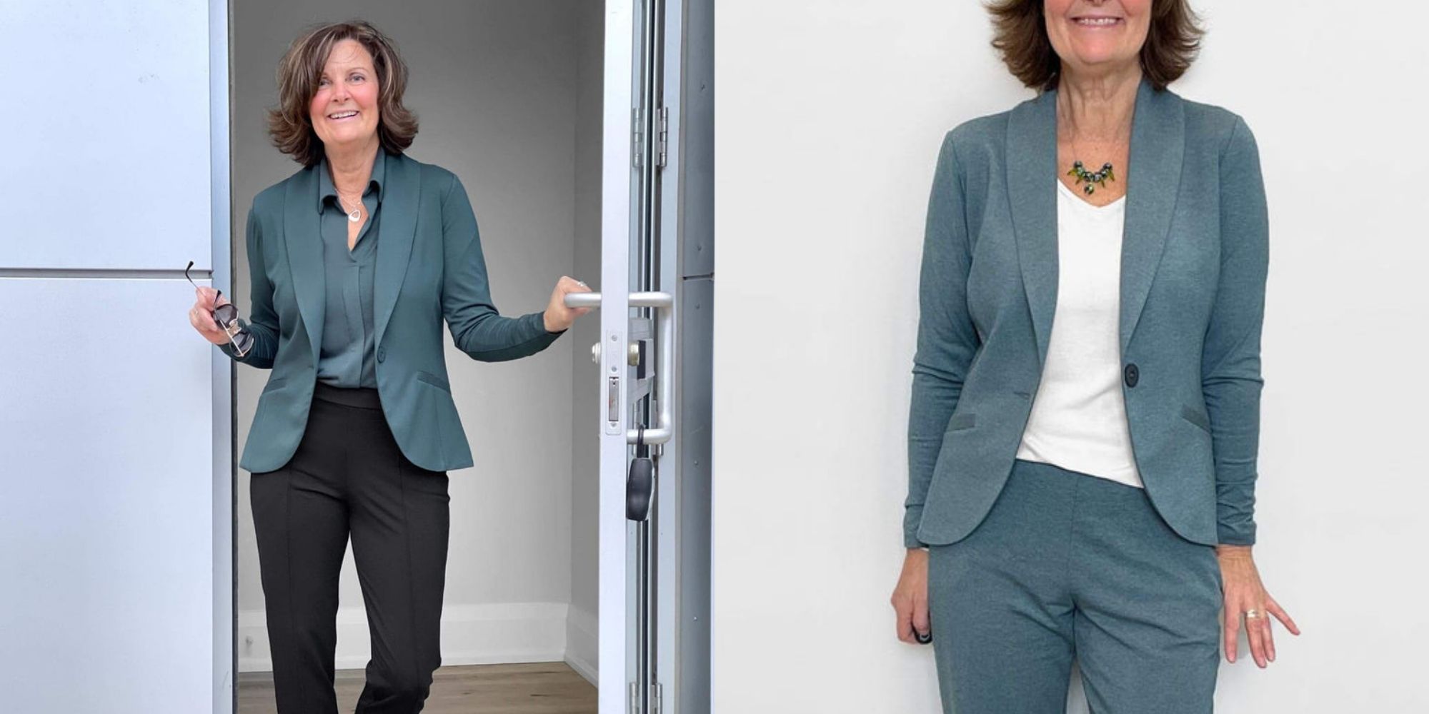 An older person wearing a teal soft blazer ethically made by MiiK.