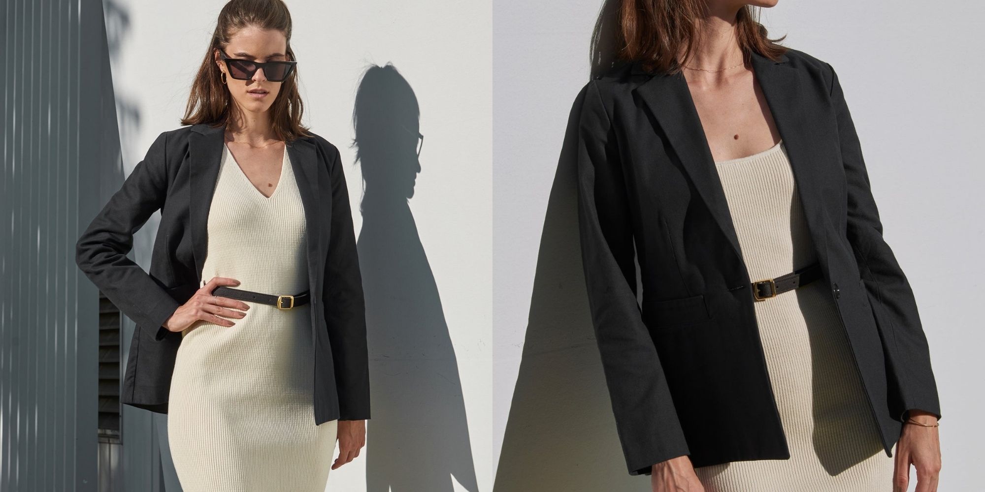 The organic cotton black ethical blazer by Mila.Vert, worn by a model with a beige knitted dress.