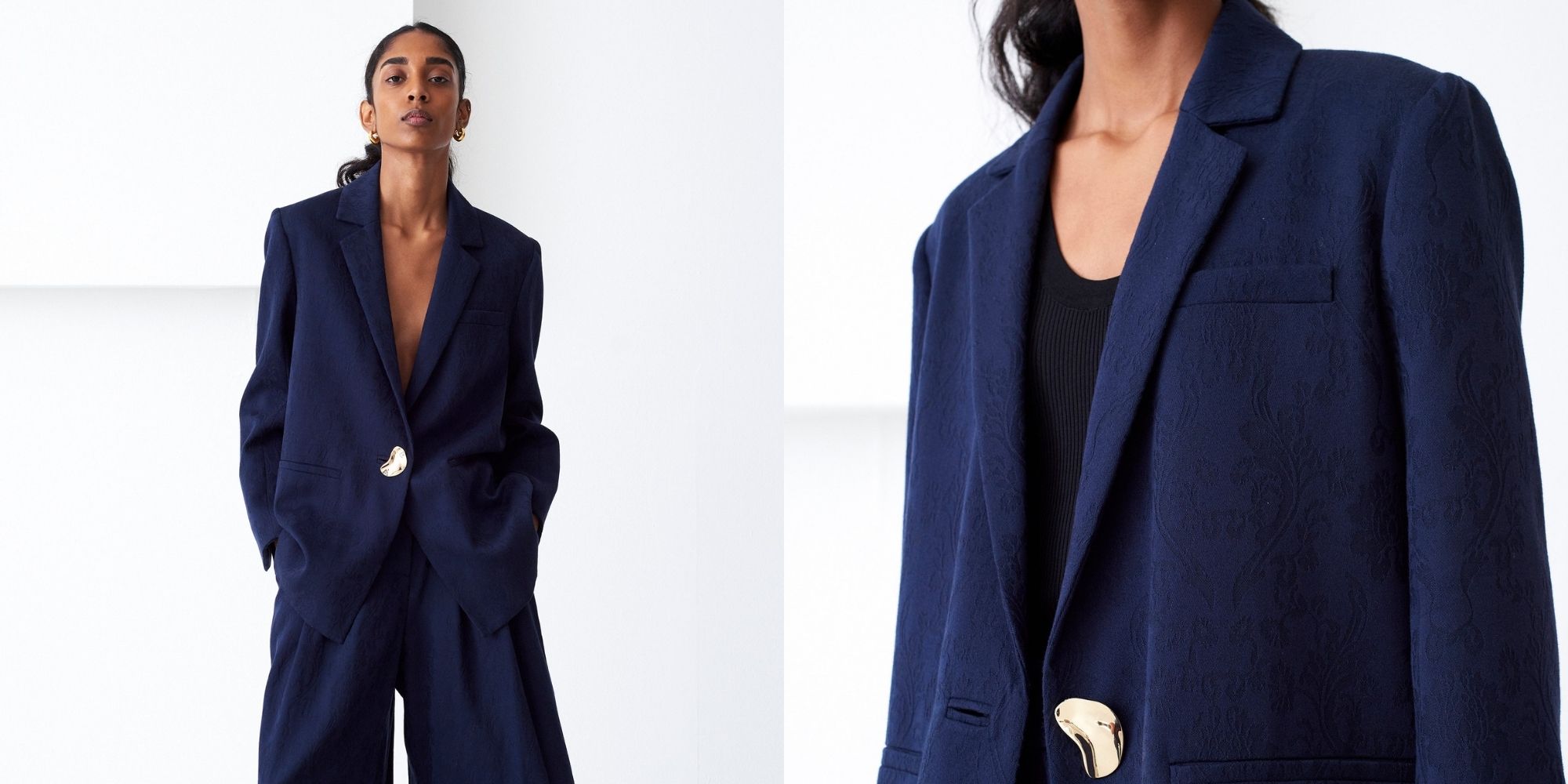 A navy blue organic cotton and non-mulesed wool ethical blazer by Mother of Pearl.