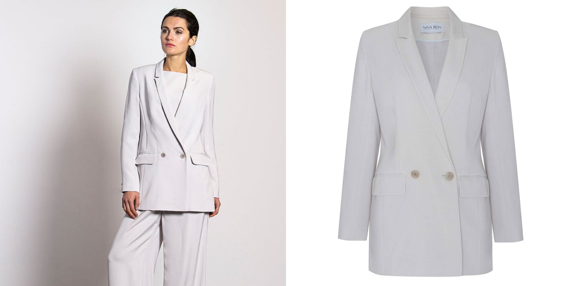 White oversized lyocell blazer modelled for designer Nina Rein.