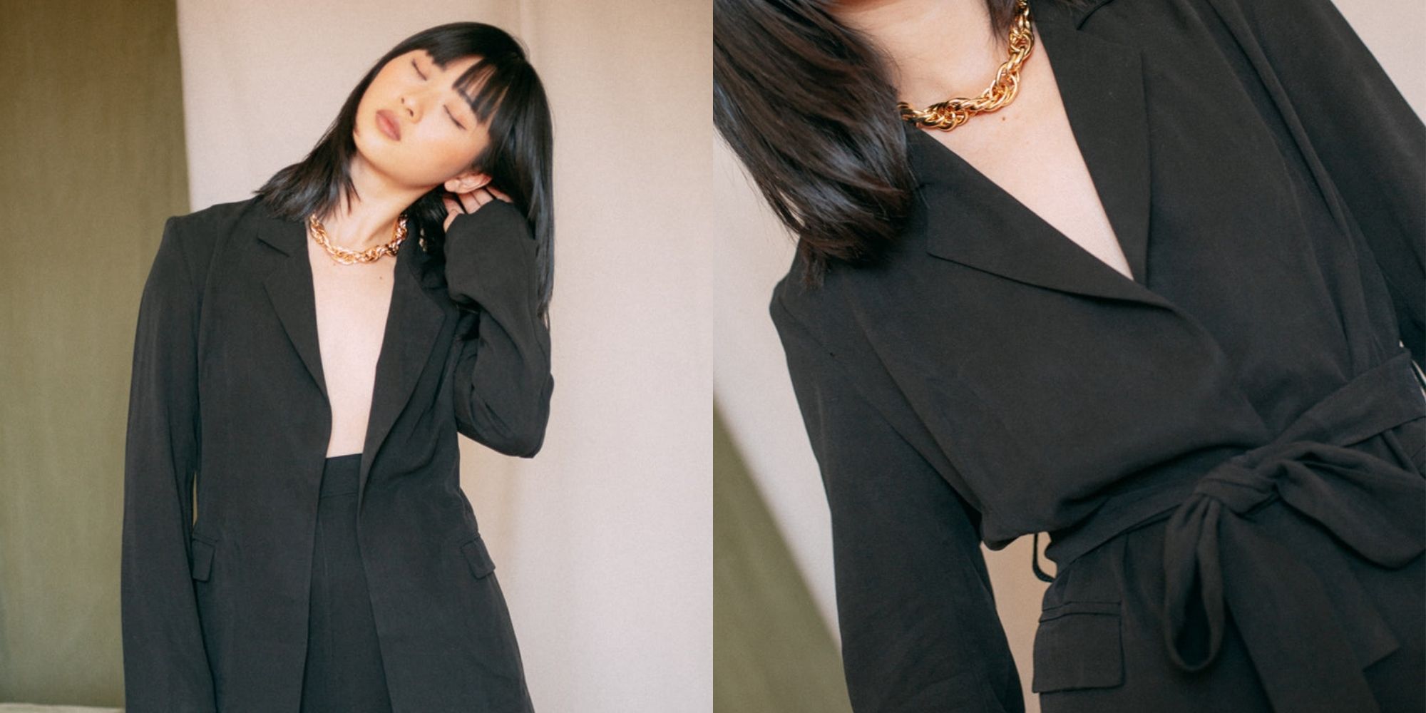 Someone wearing a soft black Tencel blazer with a tie designed ethically by Noumenon.