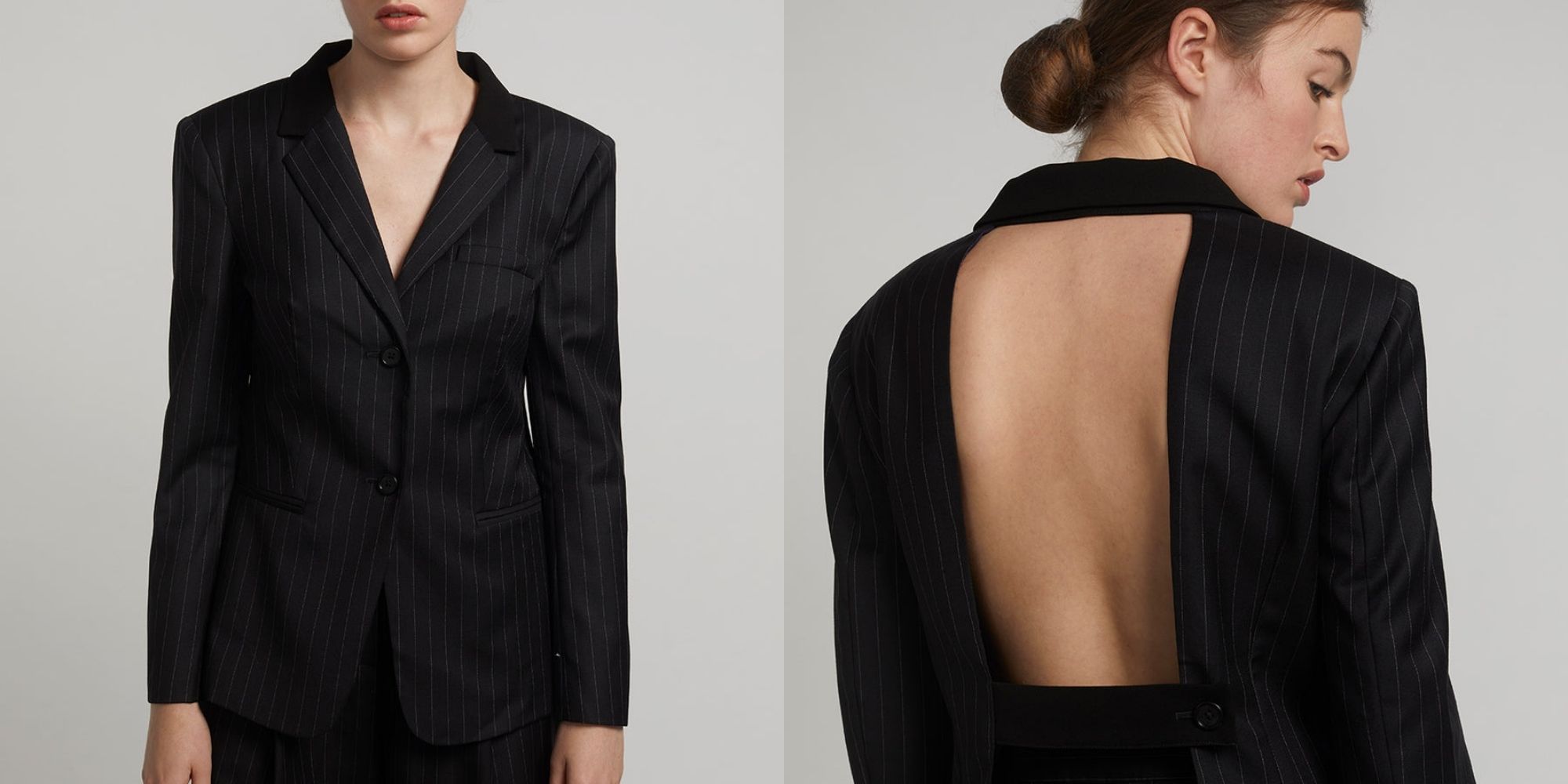 Someone wearing a back cut-out black blazer designed by The R Collective in upcycled fabrics.