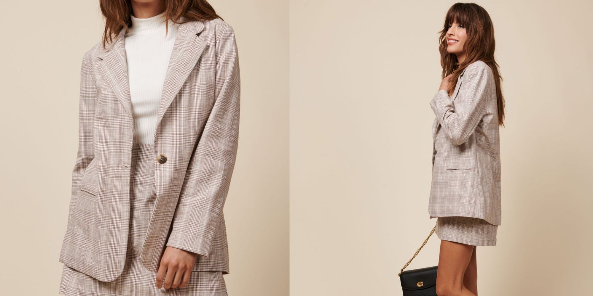Whimsy and Row's plaid Parker Blazer modelled with a matching skirt and black handbag.