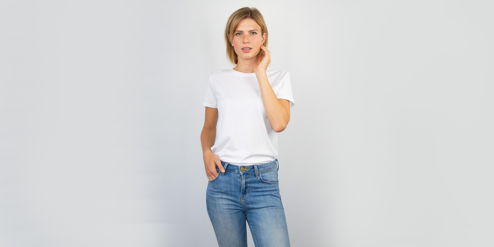 woman wearing basic white t-shirt by honest basics