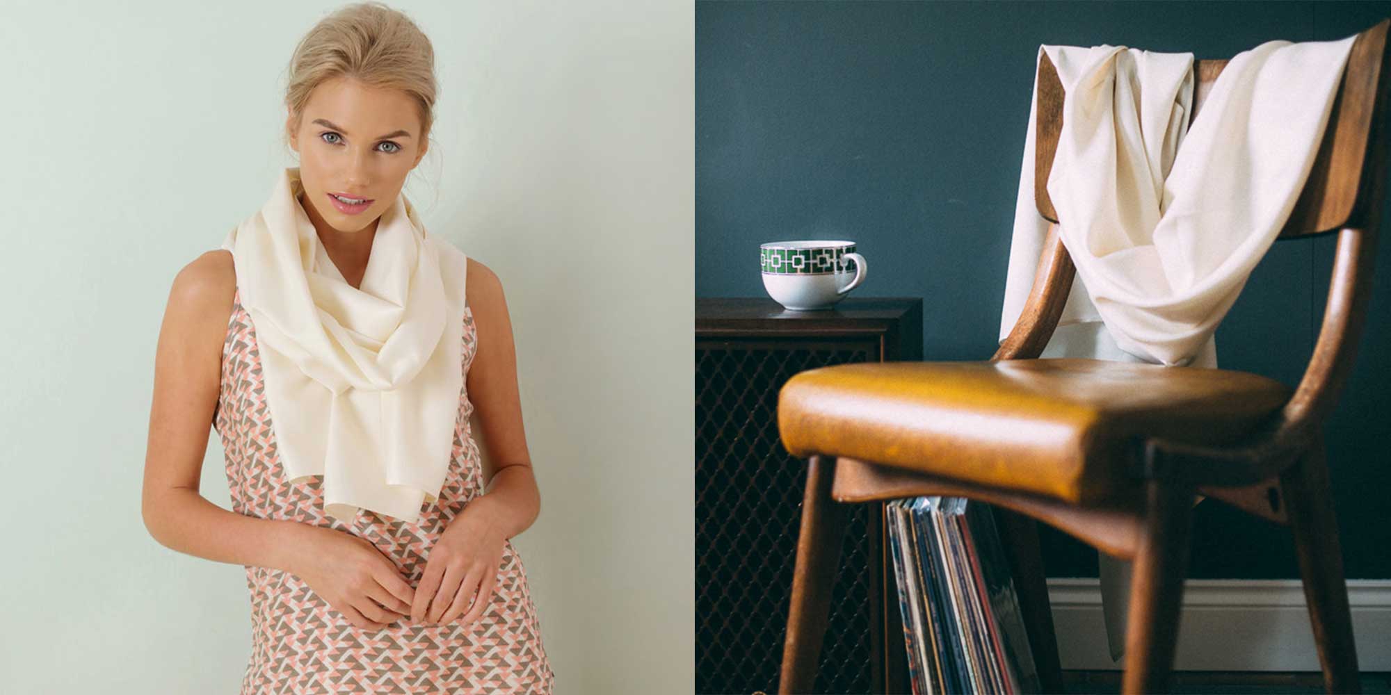 woman wearing cream silk sustainable scarf from the Ethical Silk Company