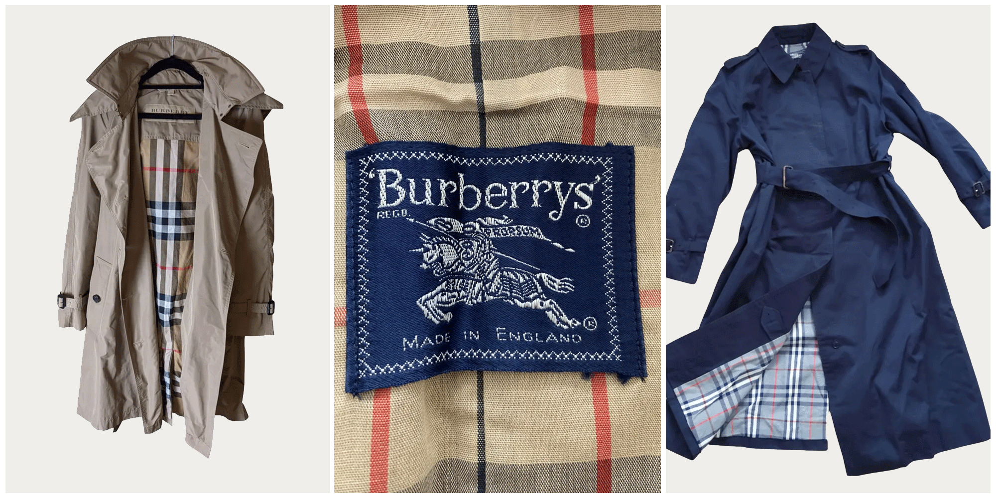 flat lay of classic Burberry trench coats second hand