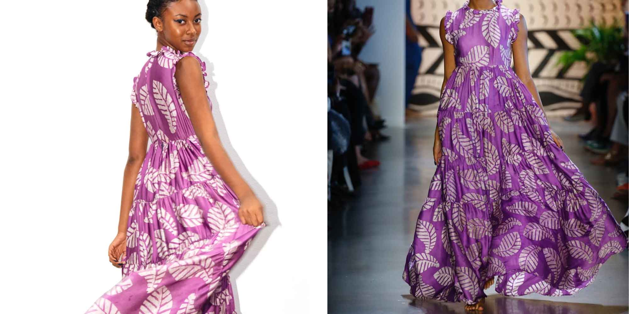 woman wearing purple printed dress by studio 189