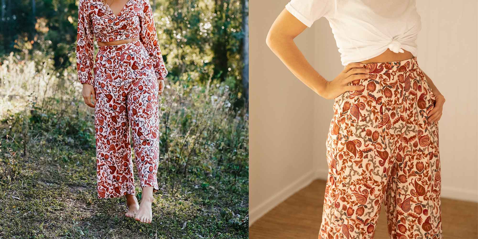 woman wearing printed pants by tasi travels