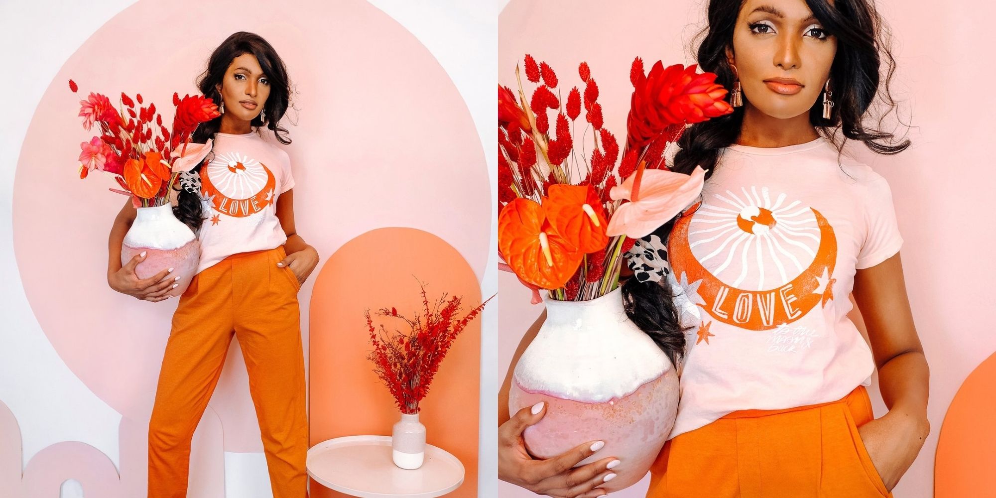 woman of colour wearing moon print colourful tee by Dazey LA via Curate