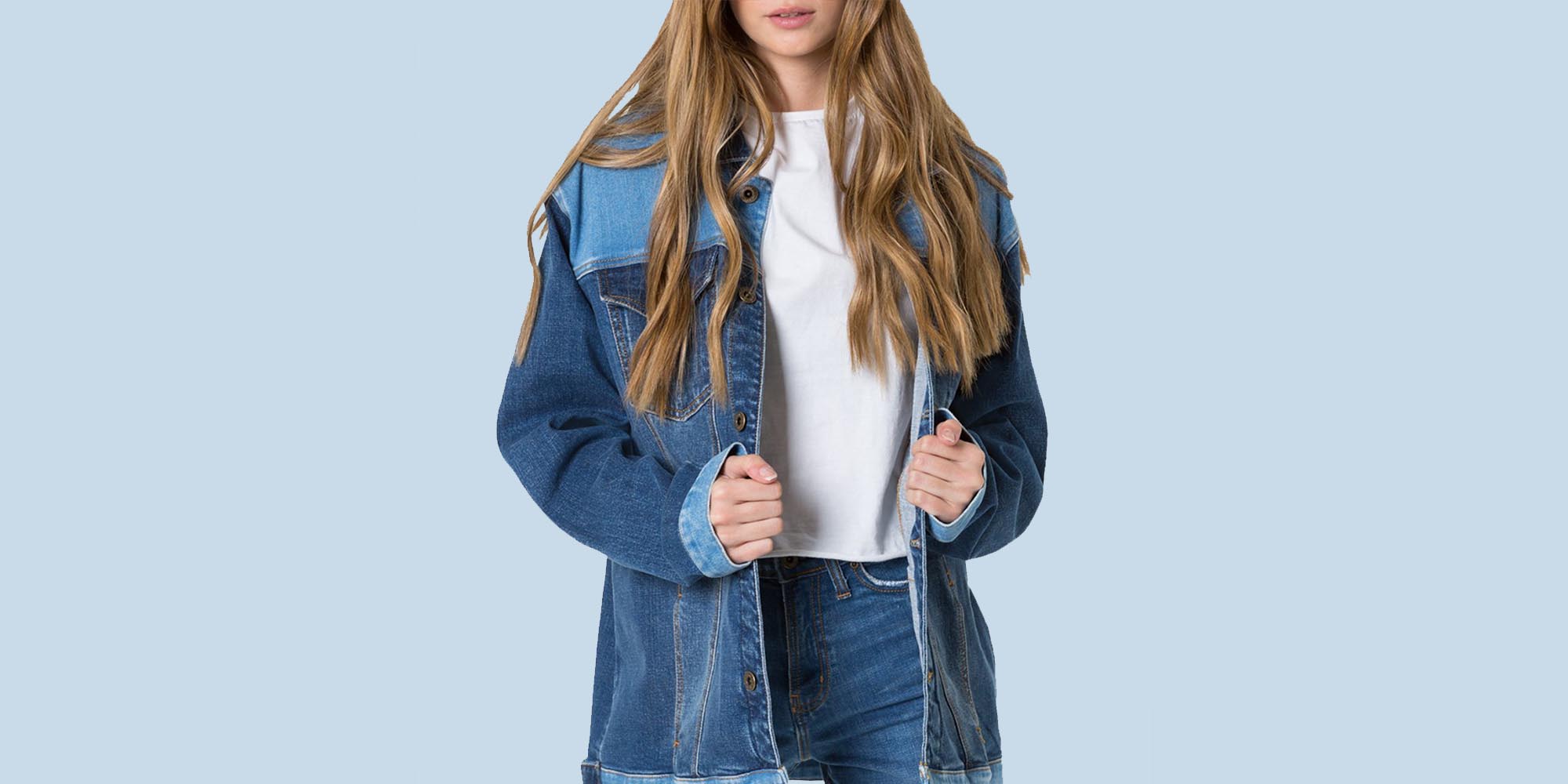 woman wearing outland denim blue jacket