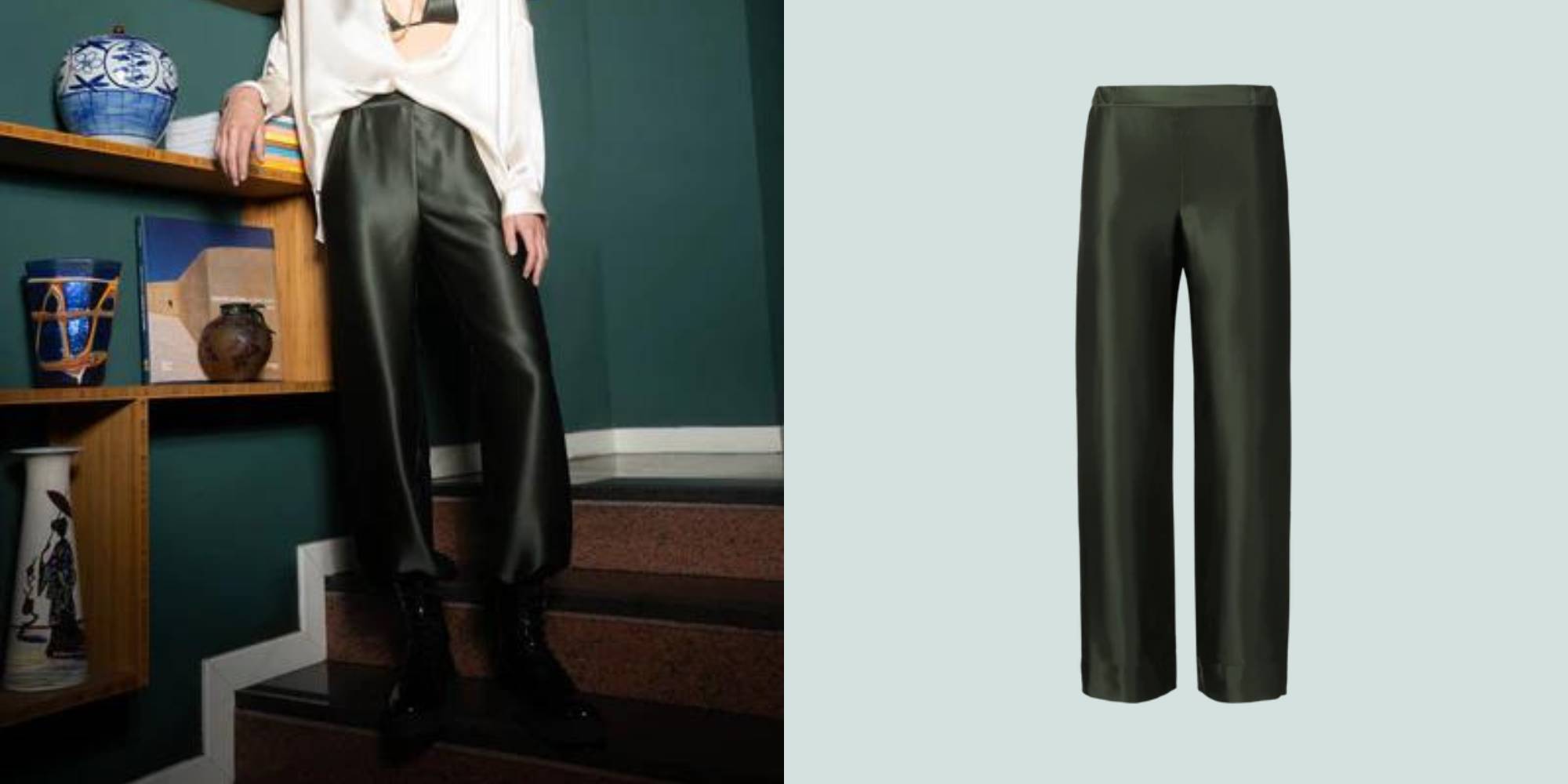 A pair of dark green wide leg silk trousers by Herth.