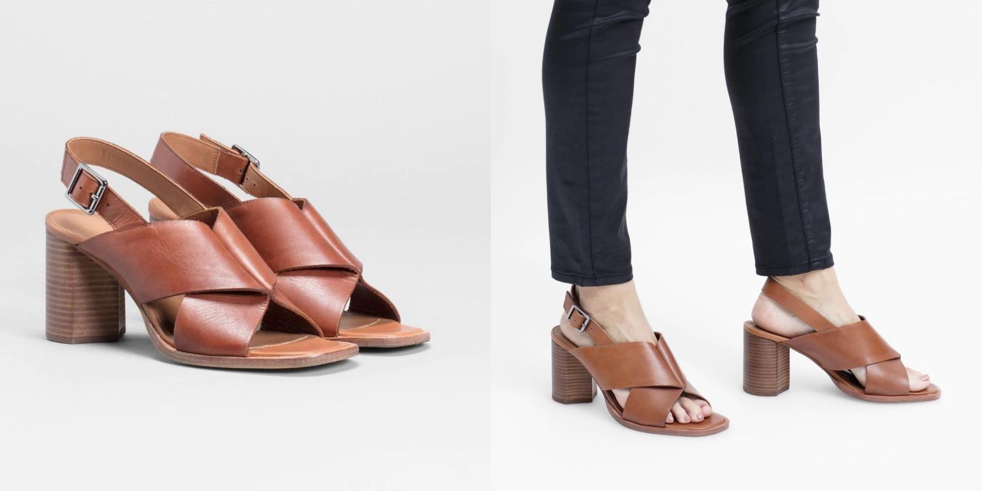 Brown leather heeled sandals made by Elk.