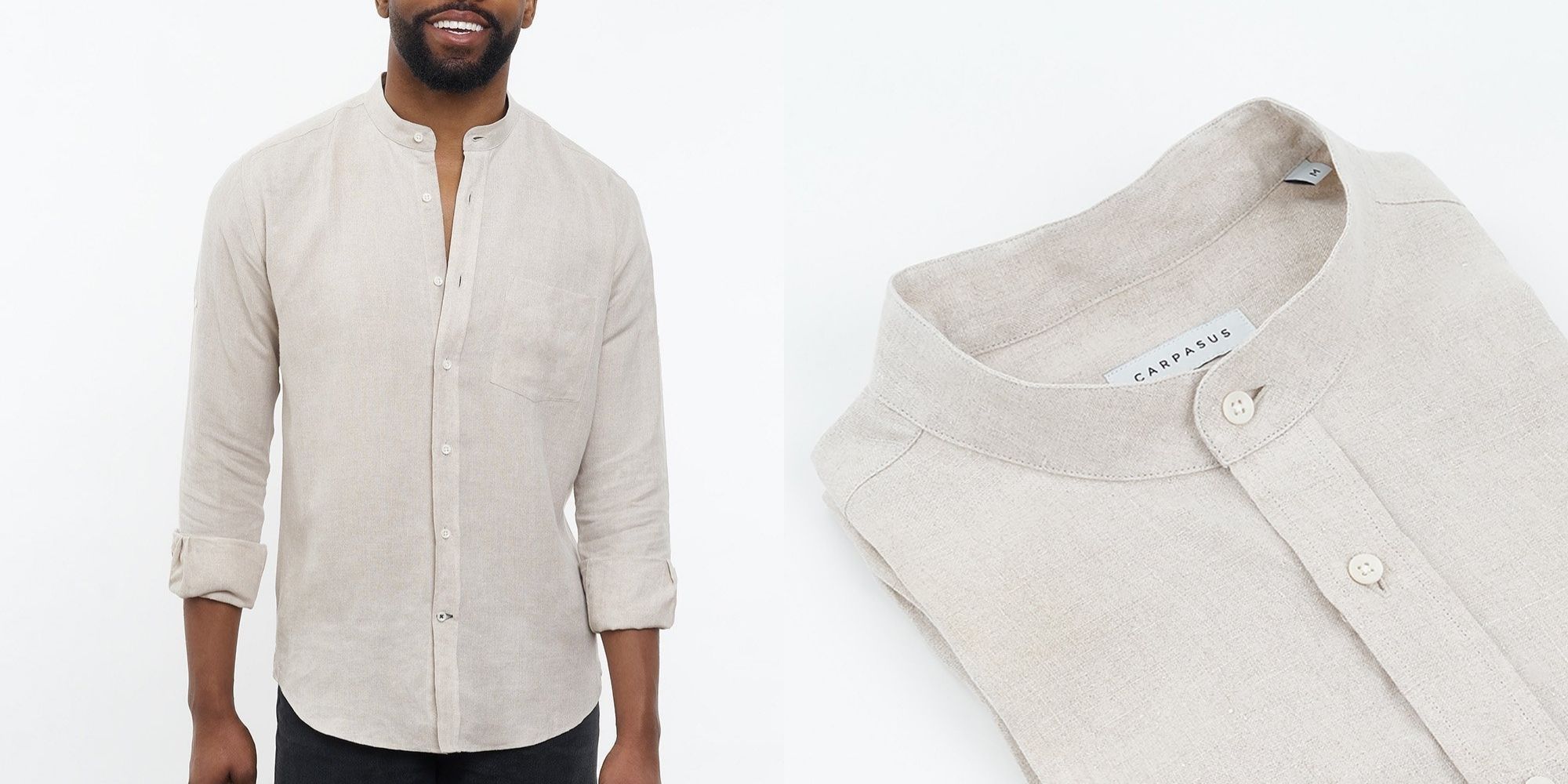 black man wearing natural linen shirt by CARPASUS brand for capsule wardrobe