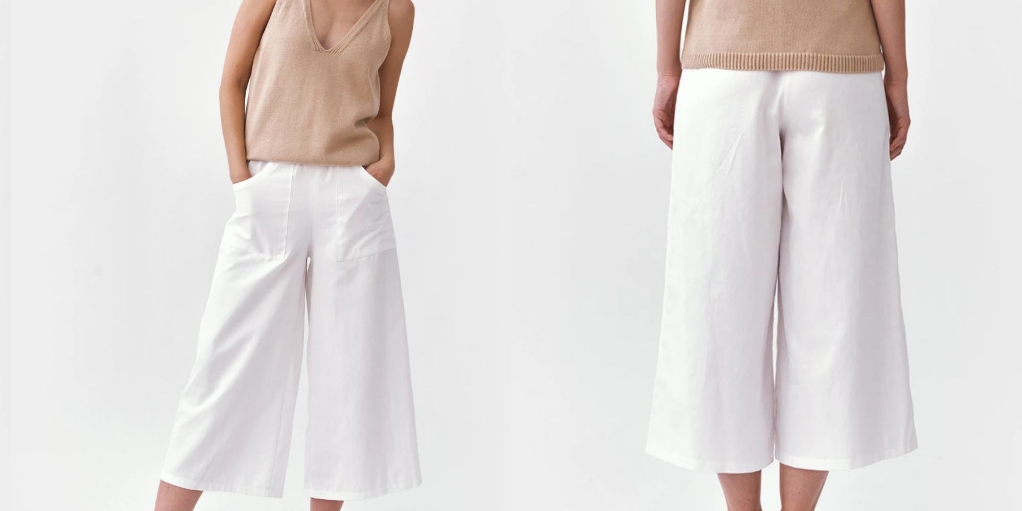 woman wearing white sateen culottes by Mila.Vert for capsule wardrobe