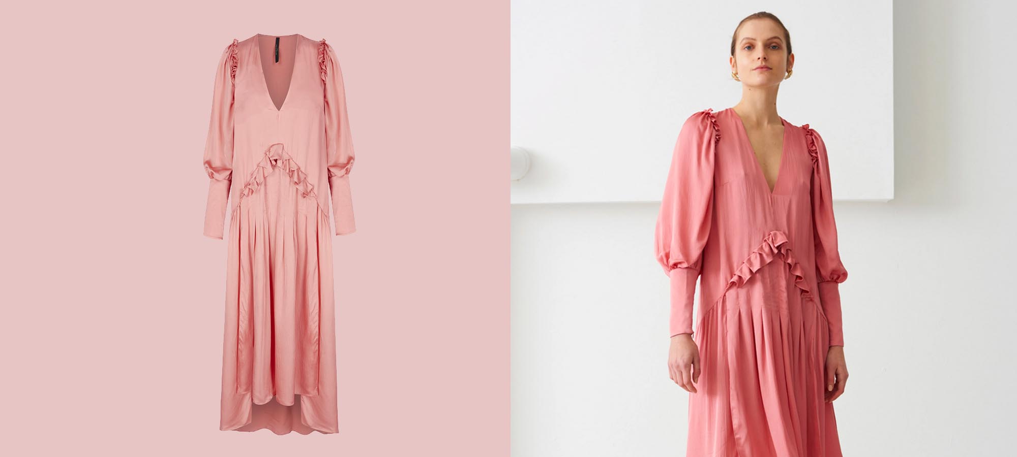 woman wearing pink mother of pearl dress