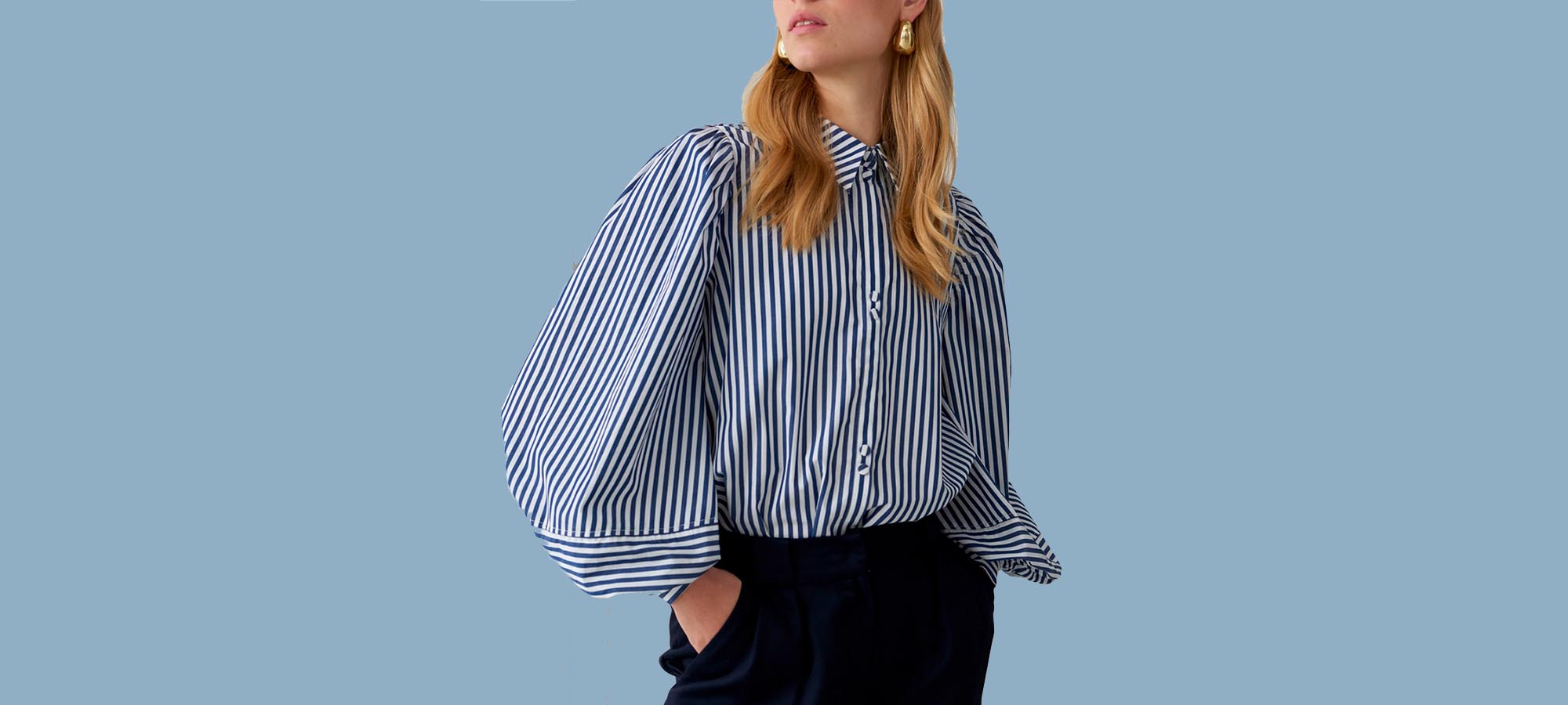white and blue sustainable shirt by mother of pearl