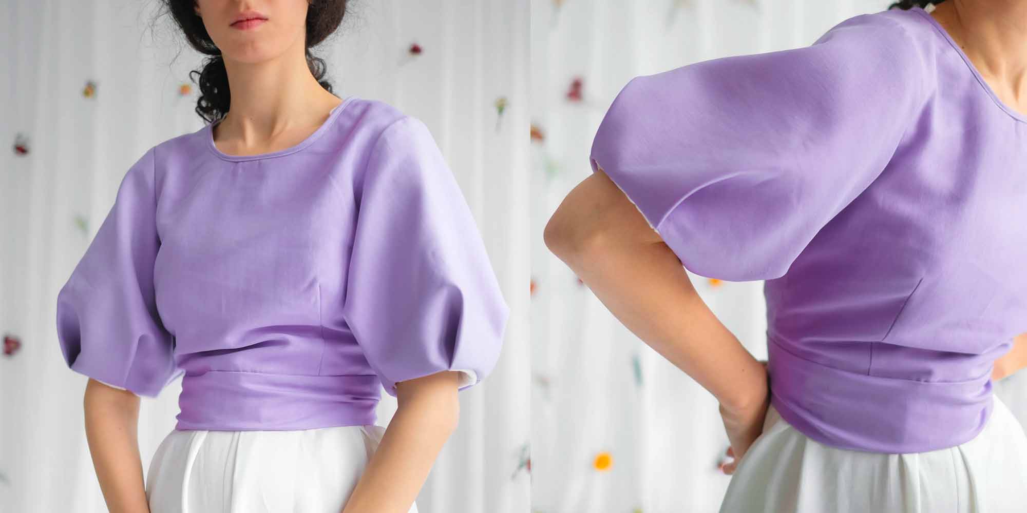 woman wearing purple reversible top by sustainable brand ohsevendays