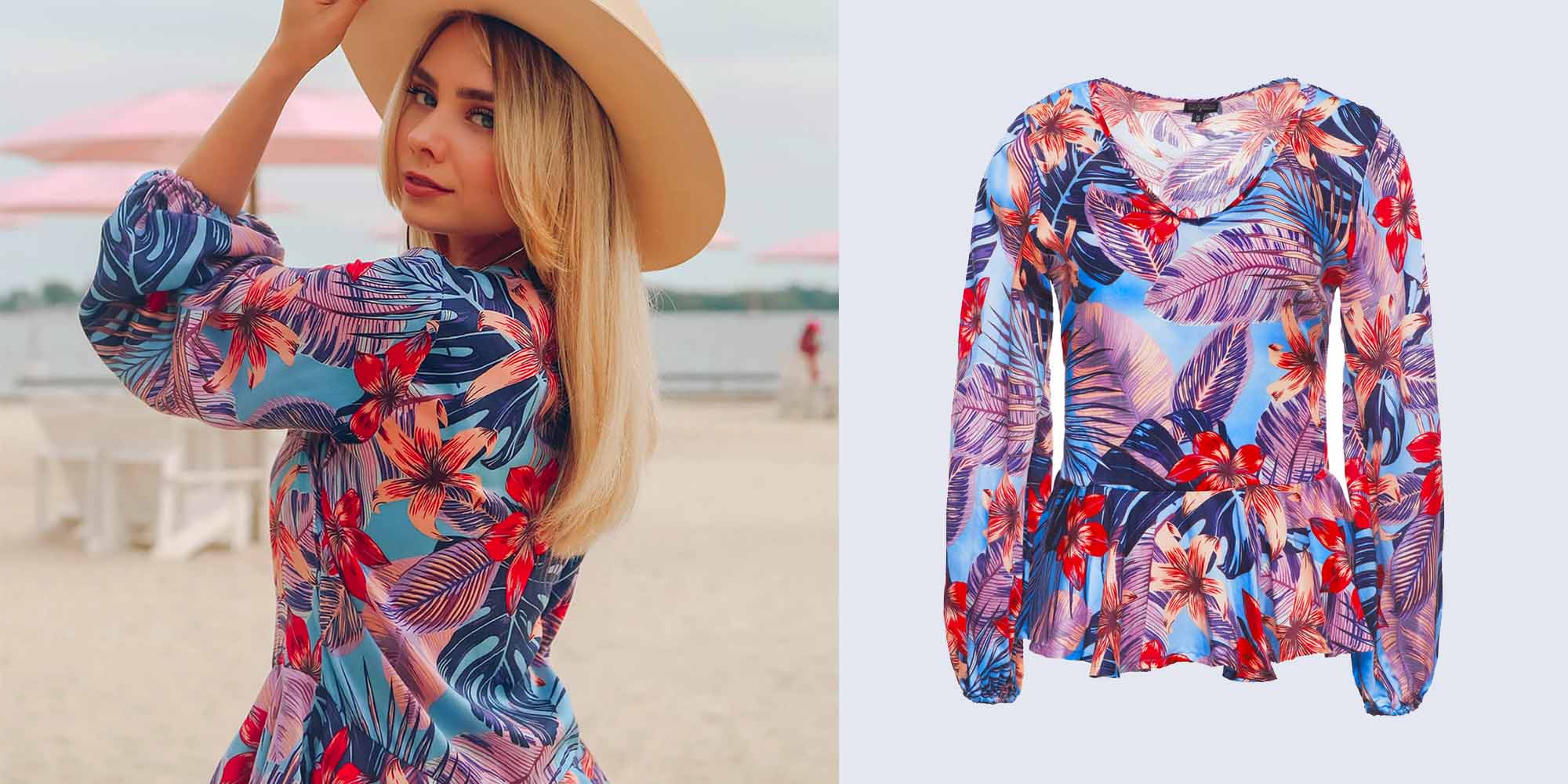 woman wearing colourful flower blouse by ethical fashion brand tamga designs