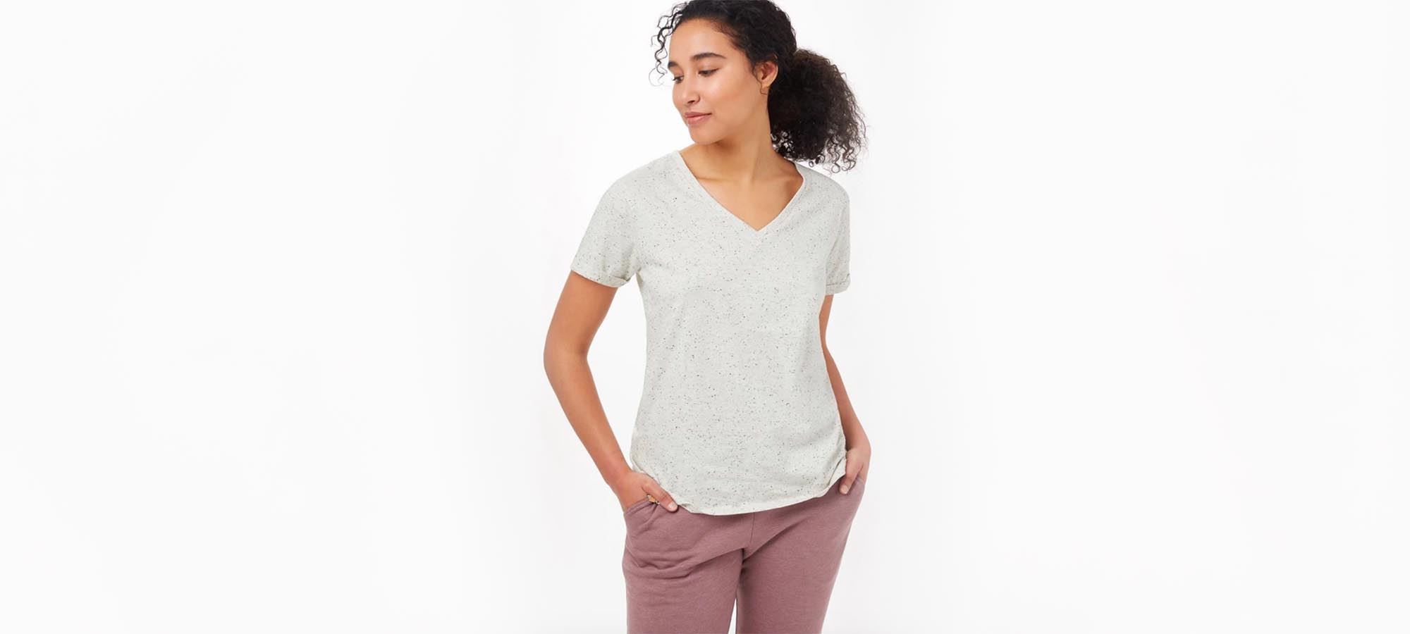 woman wearinf basic sustainable tentree t-shirt